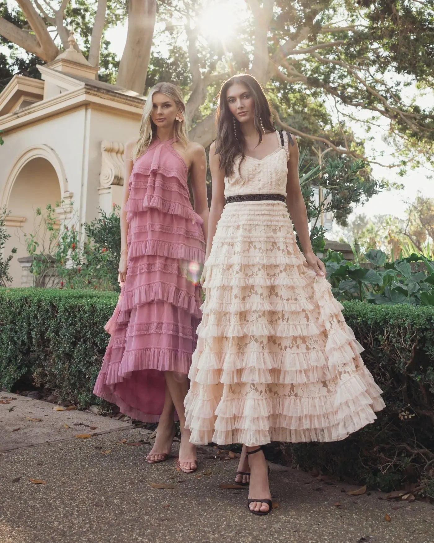 Pink Tiered Ruffle Halter Neck Midi Dress - Mac Duggal