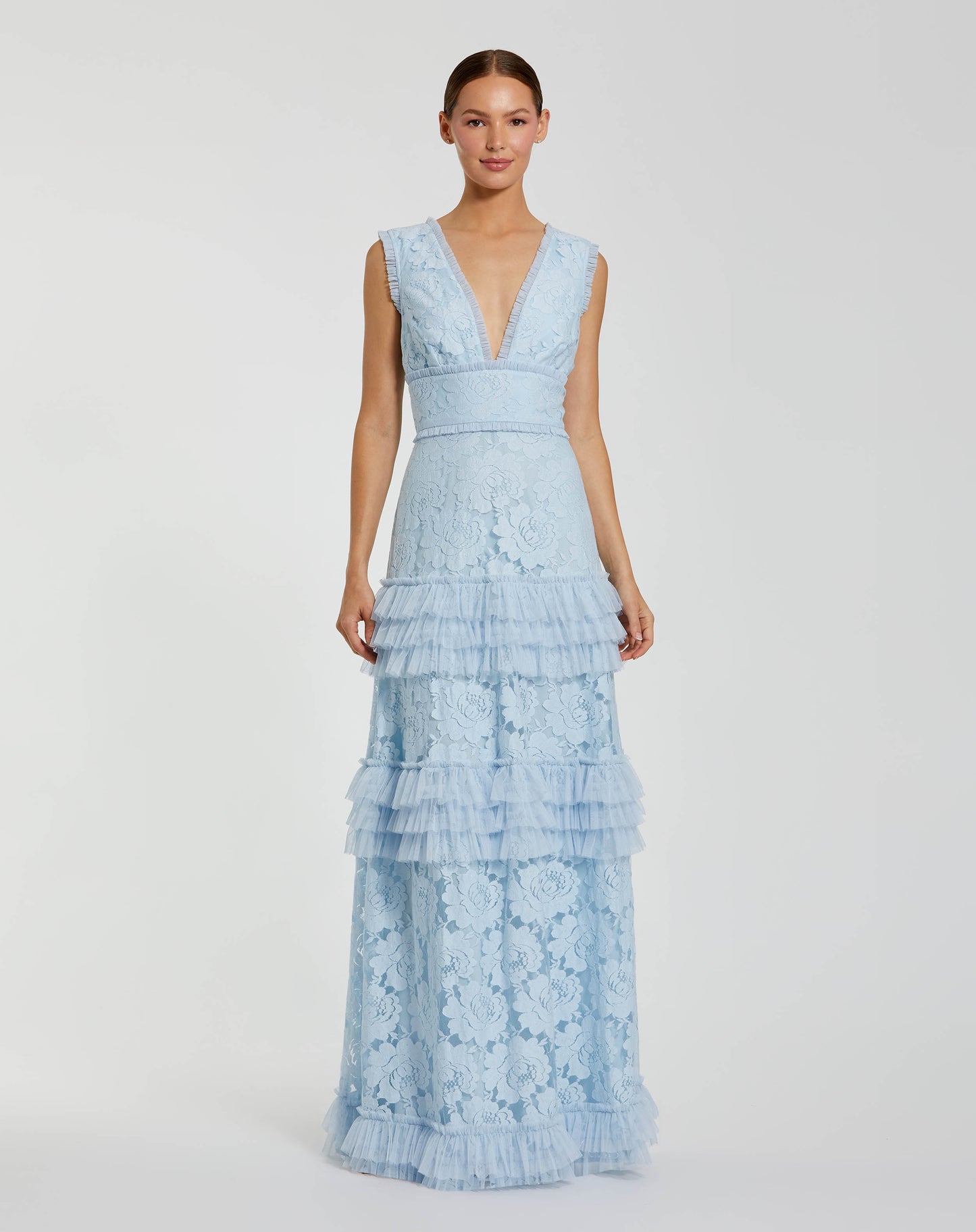 Blue V Neck Lace Tiered Ruffle Gown Ieena for Mac Duggal