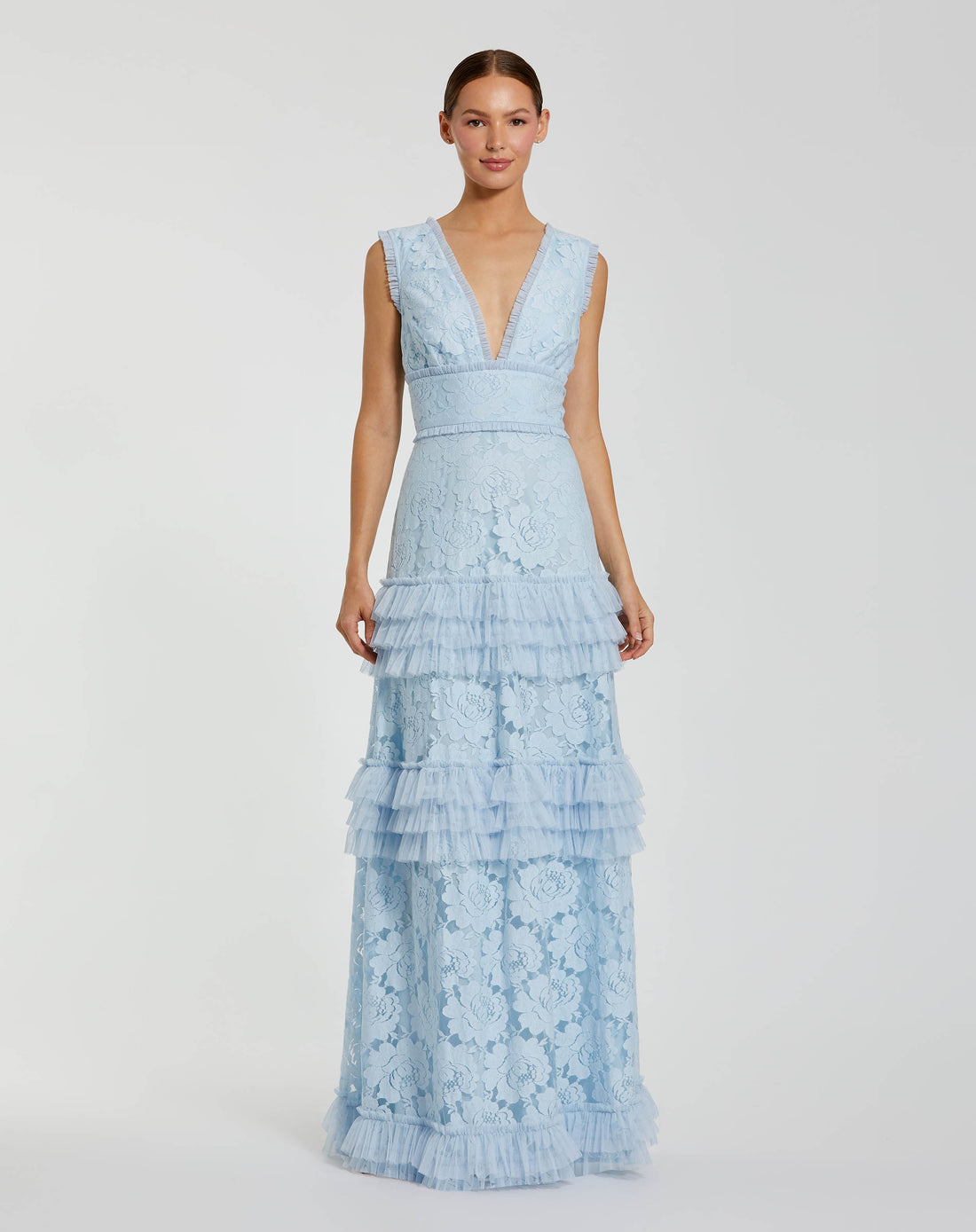 Blue V Neck Lace Tiered Ruffle Gown Ieena for Mac Duggal