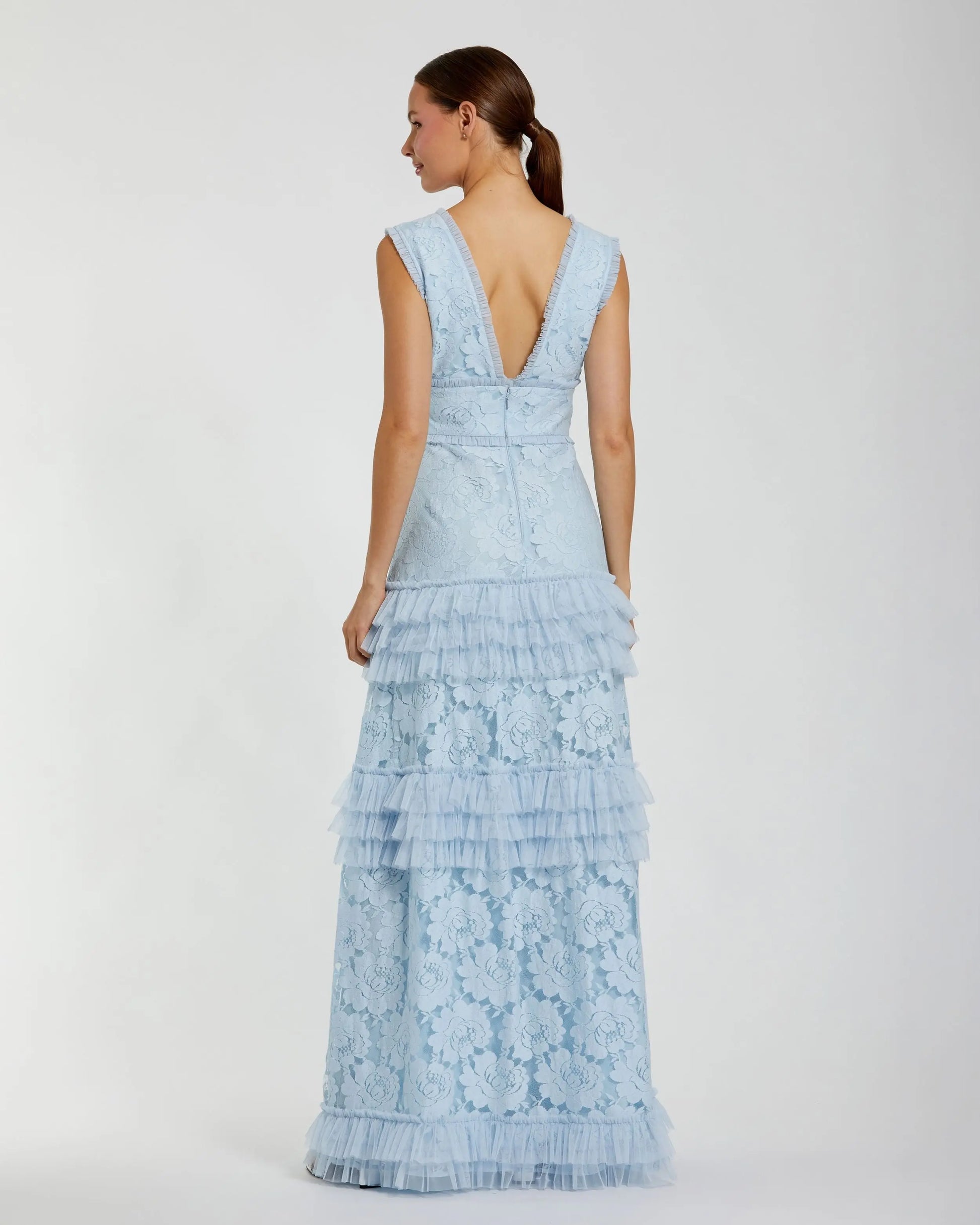 Blue V Neck Lace Tiered Ruffle Gown | Mac Duggal Blue V Neck Lace Tiered Ruffle Gown | Mac Duggal