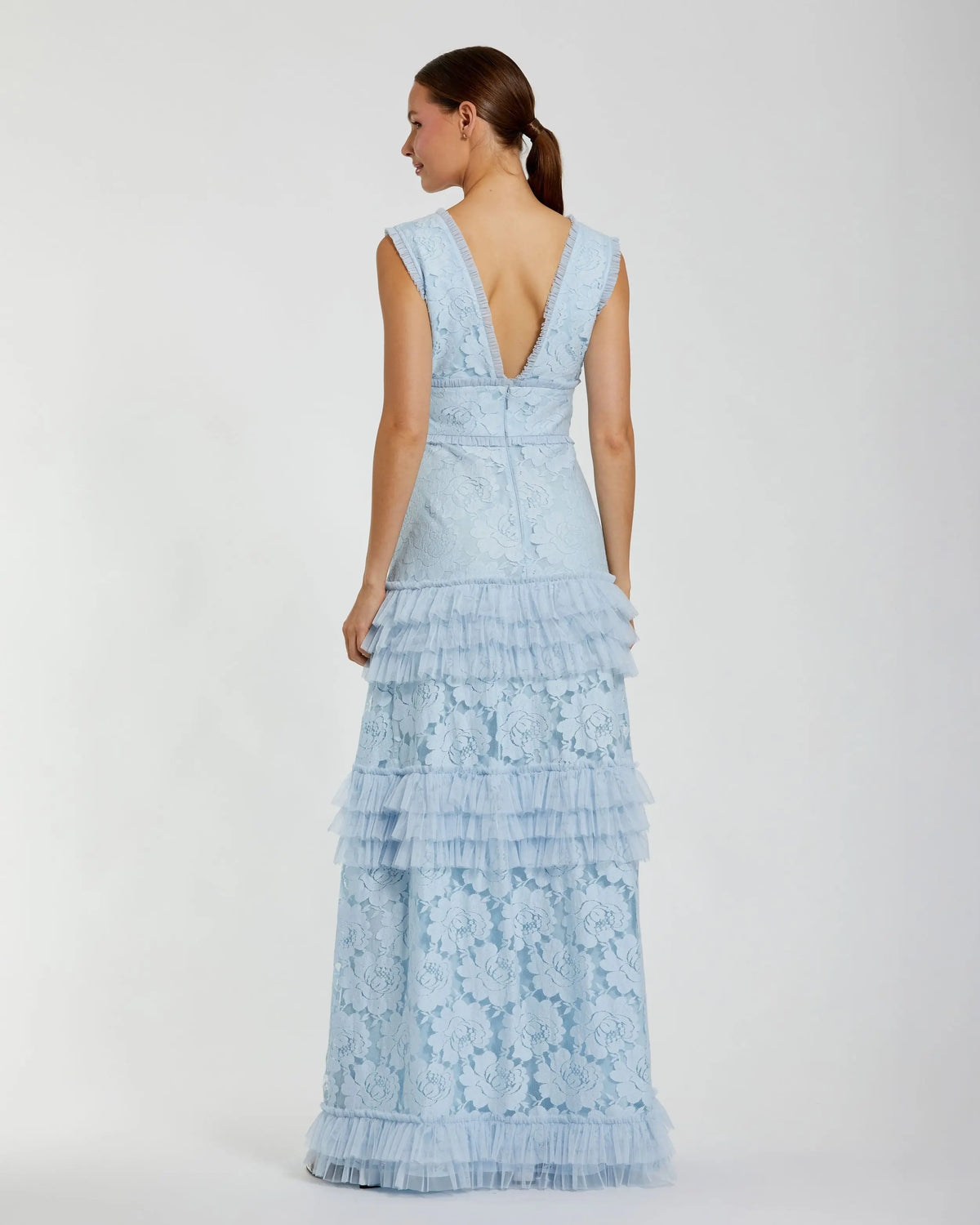 Blue V Neck Lace Tiered Ruffle Gown | Mac Duggal