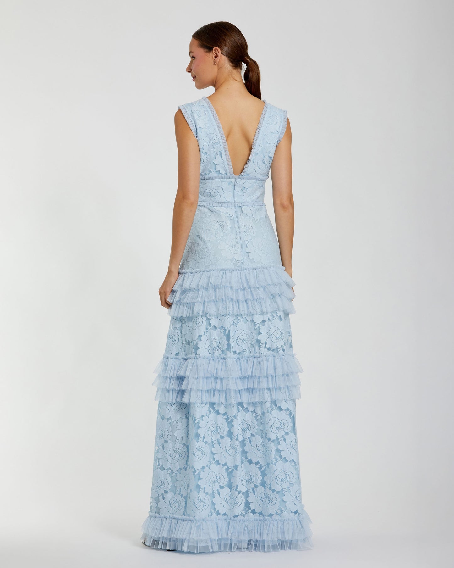 Blue V Neck Lace Tiered Ruffle Gown Ieena for Mac Duggal