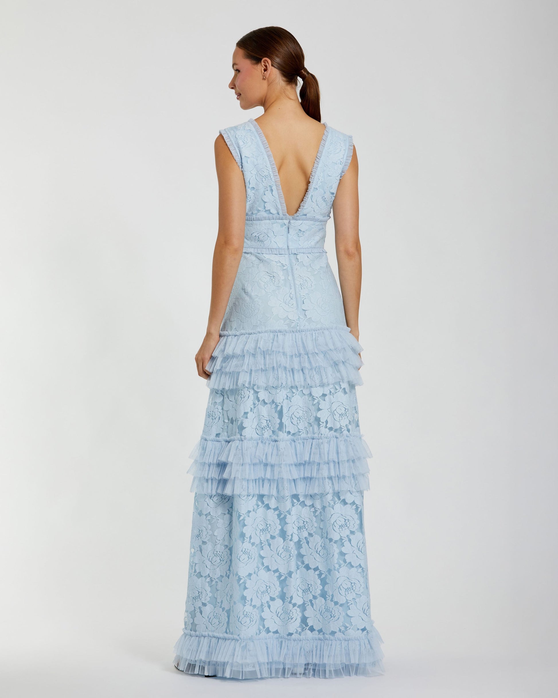 Blue V Neck Lace Tiered Ruffle Gown Ieena for Mac Duggal