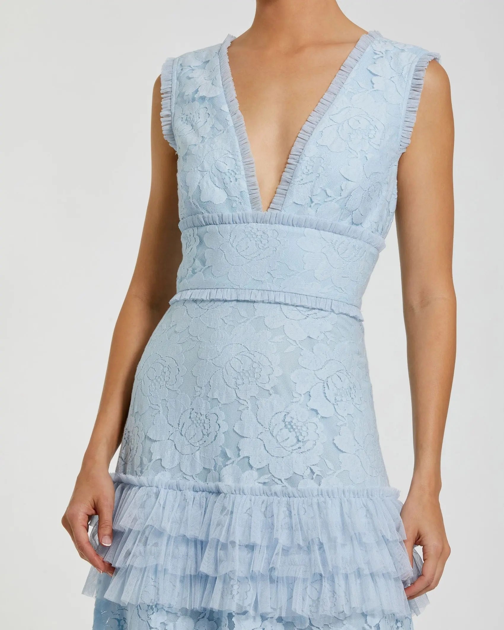 Blue V Neck Lace Tiered Ruffle Gown | Mac Duggal Blue V Neck Lace Tiered Ruffle Gown | Mac Duggal