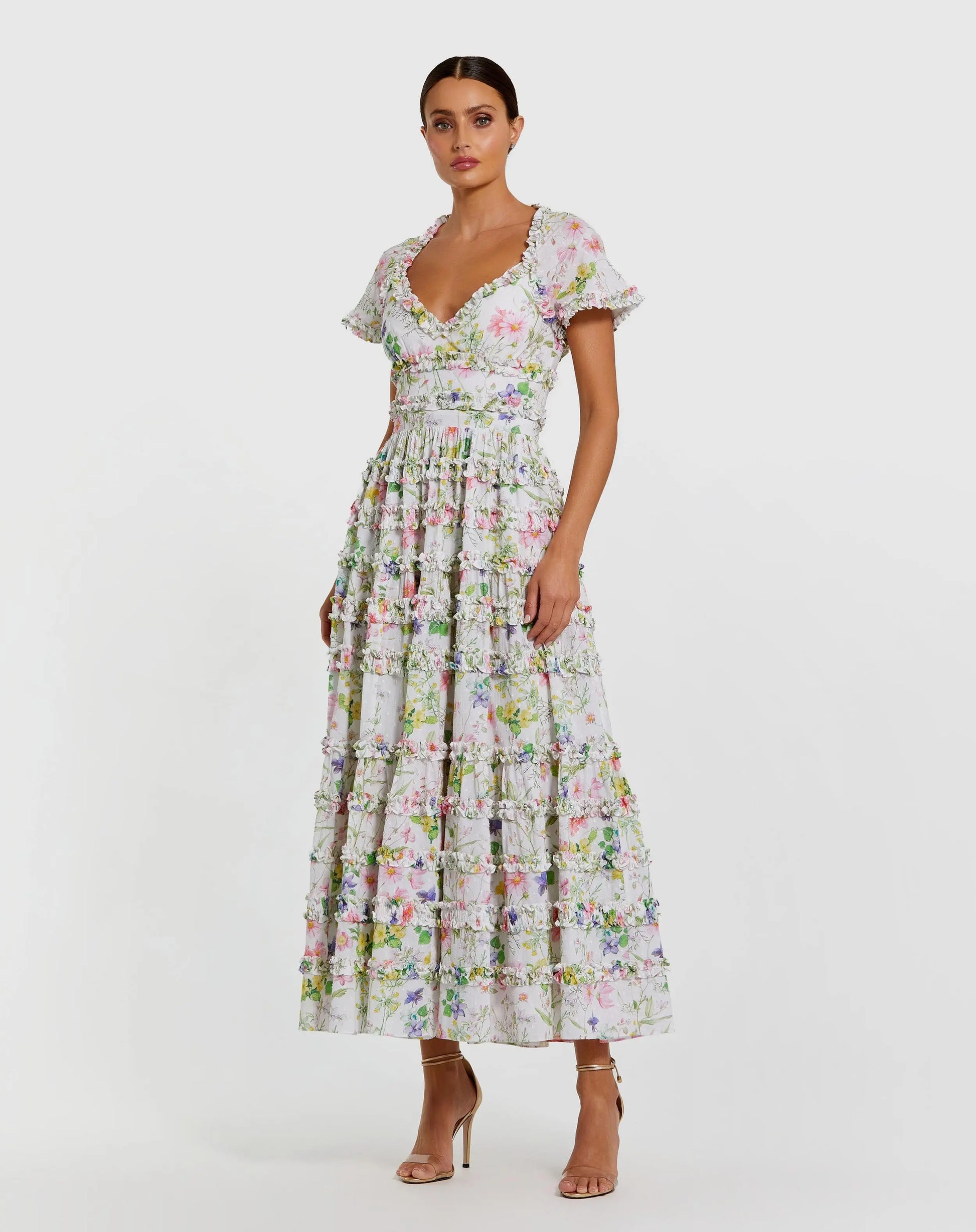 White Floral Ruffle Open Back Cotton Midi Dress | Mac Duggal White Multi / US 6 White Floral Ruffle Open Back Cotton Midi Dress | Mac Duggal White Multi / US 6