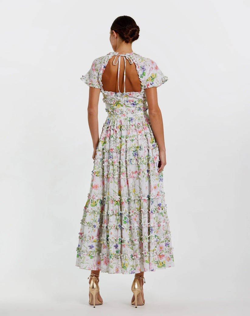 White Floral Ruffle Open Back Cotton Midi Dress | Mac Duggal