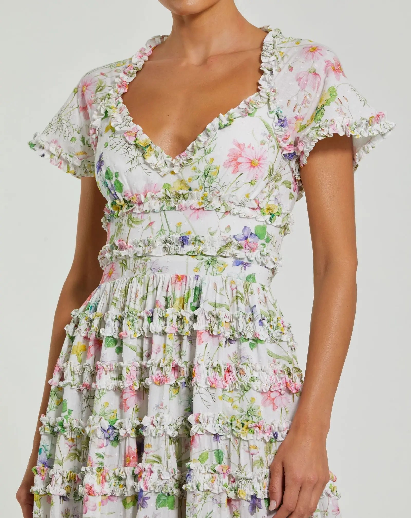 White Floral Ruffle Open Back Cotton Midi Dress | Mac Duggal White Multi / US 6 White Floral Ruffle Open Back Cotton Midi Dress | Mac Duggal White Multi / US 6