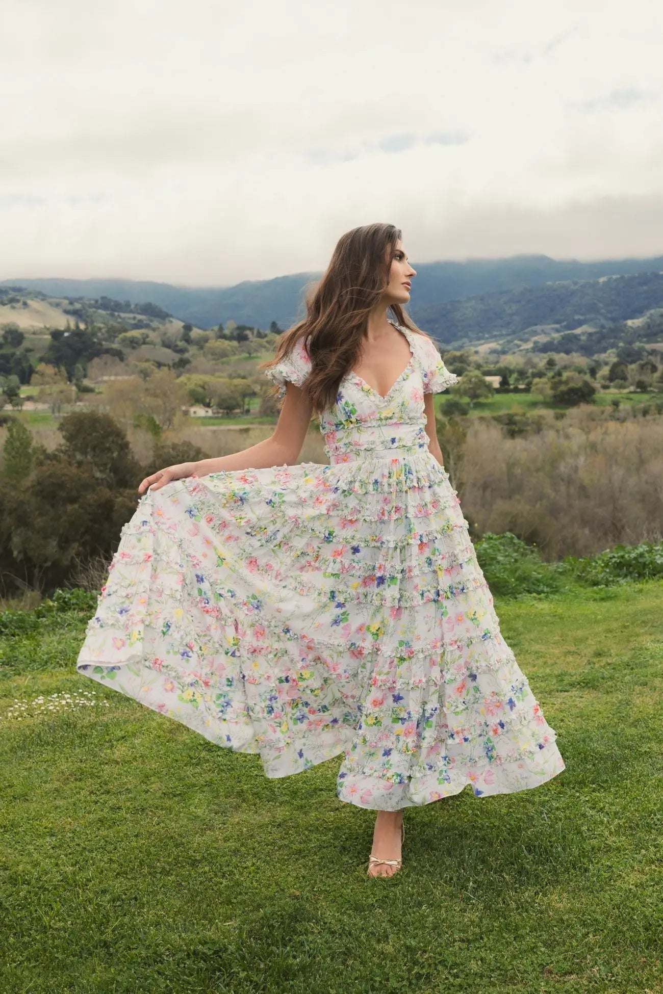 White Floral Ruffle Open Back Cotton Midi Dress - Mac Duggal