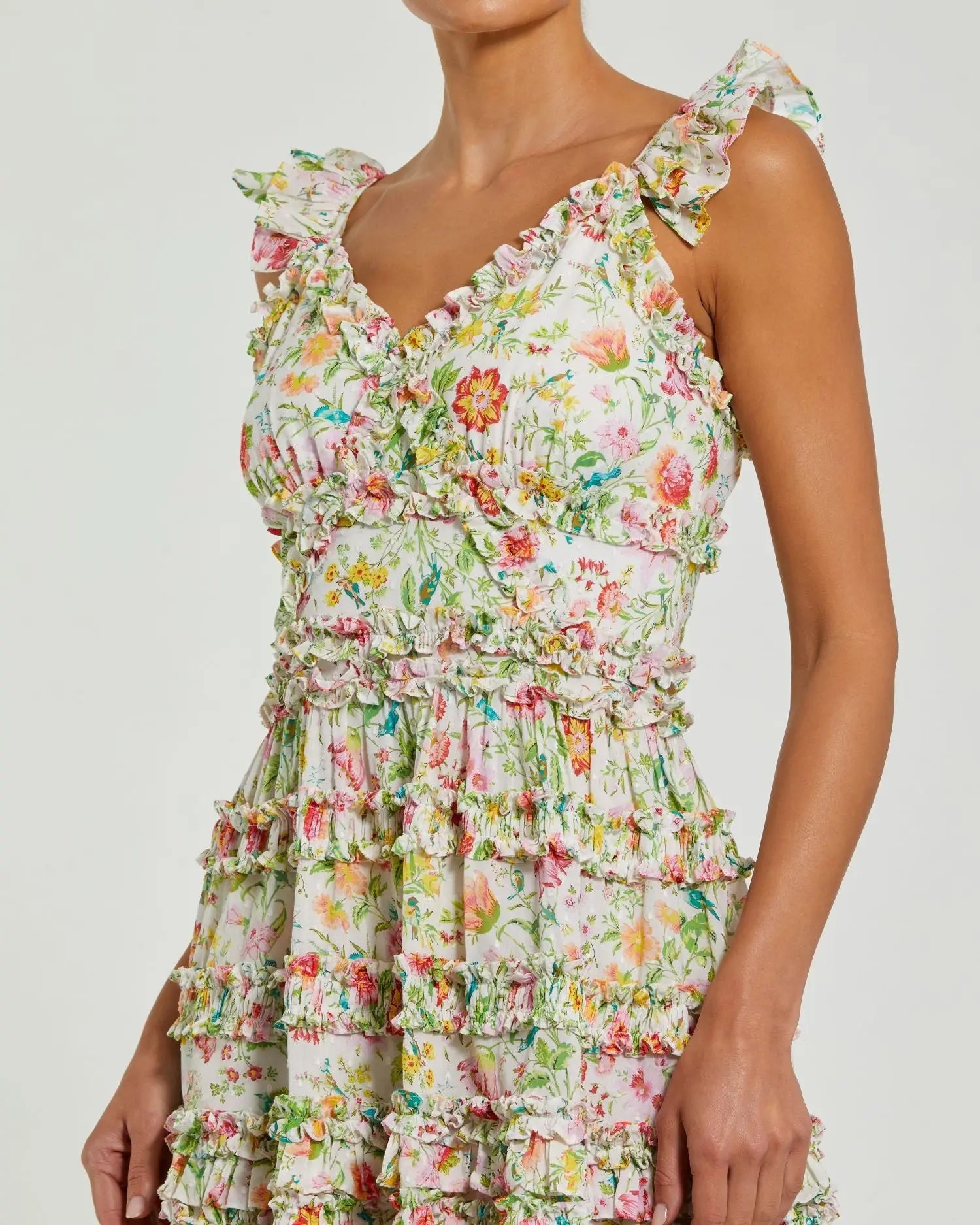 floral tiered dress mini Mac Duggal - White Floral Tiered Ruffle Mini Dress