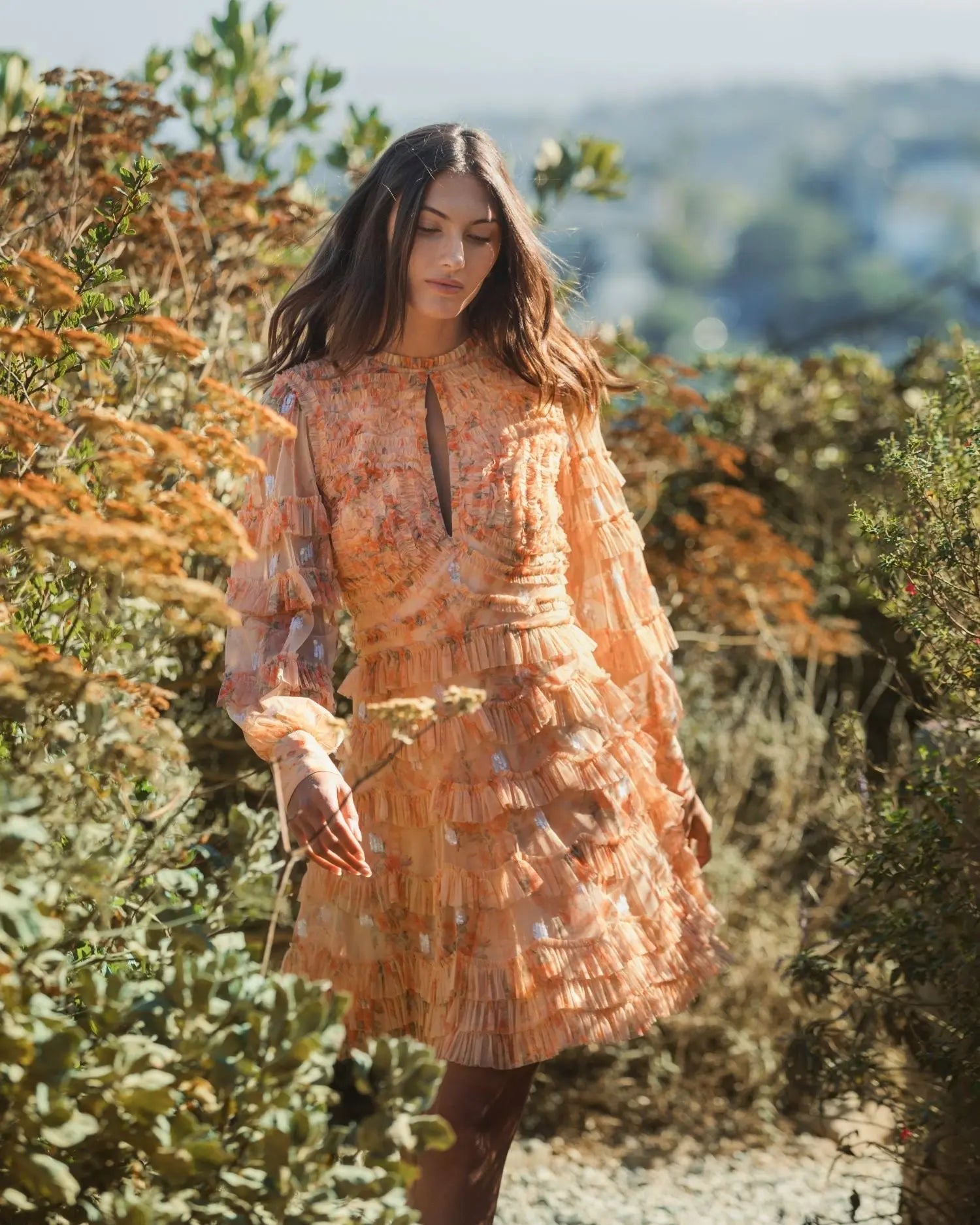 Orange Key Hole Detail Long Sleeve Dress - Mac Duggal