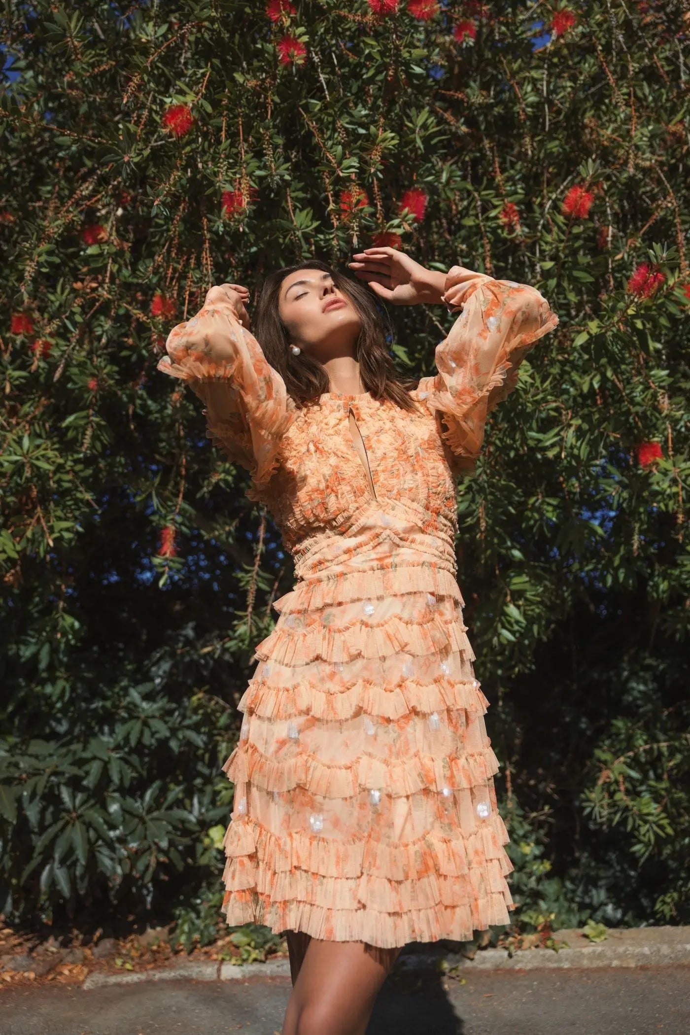 Orange Key Hole Detail Long Sleeve Dress - Mac Duggal