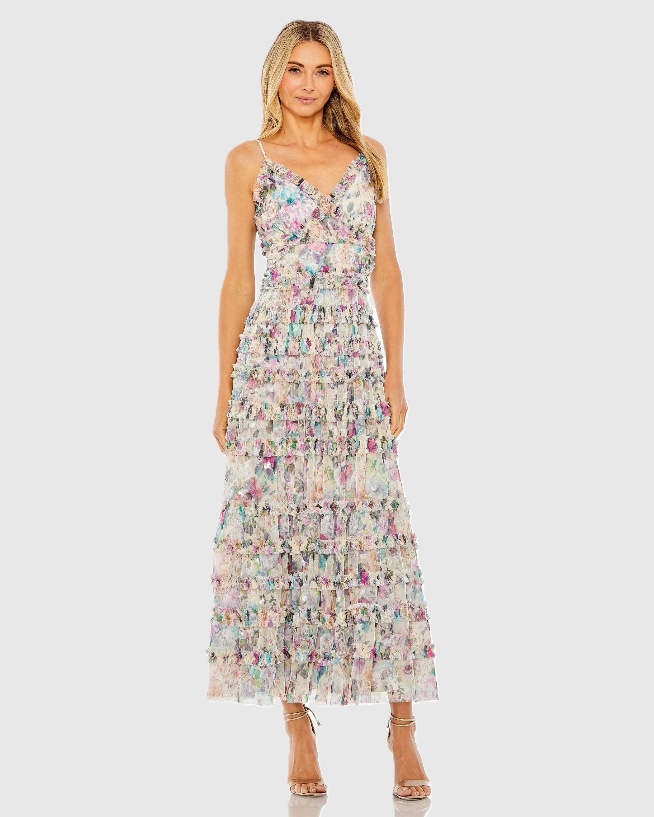 Multicolor Floral Sequined Tiered Ruffle Midi Dress Mac Duggal