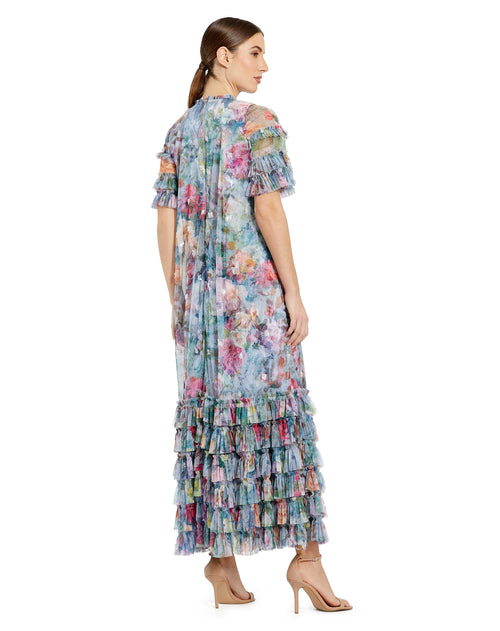 High Neck Flutter Sleeve Floral Ruffle Dress | Sample | Sz. 2