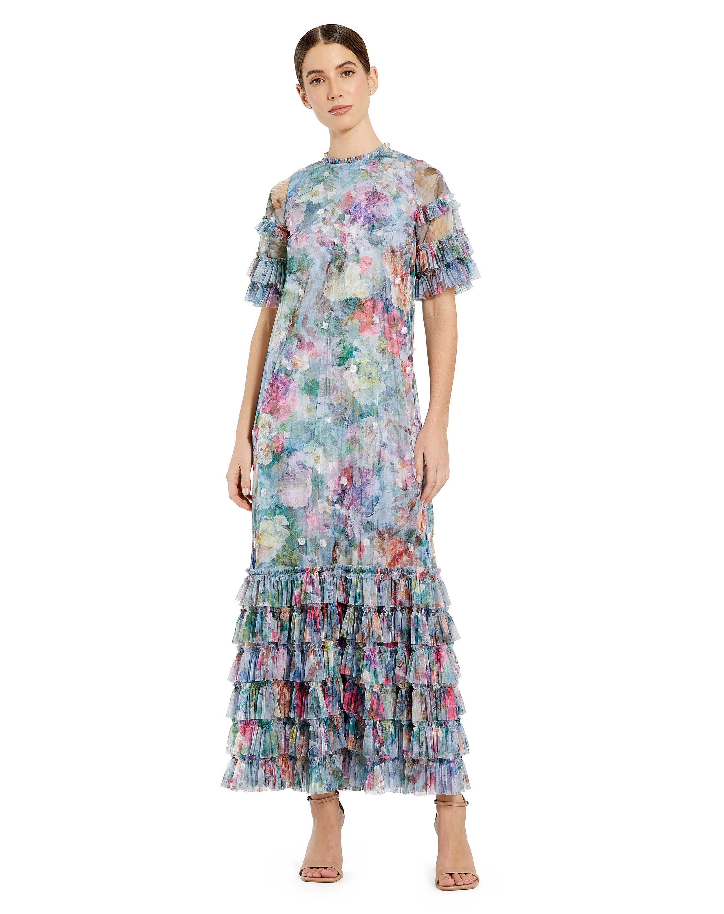 High Neck Flutter Sleeve Floral Ruffle Dress | Sample | Sz. 2