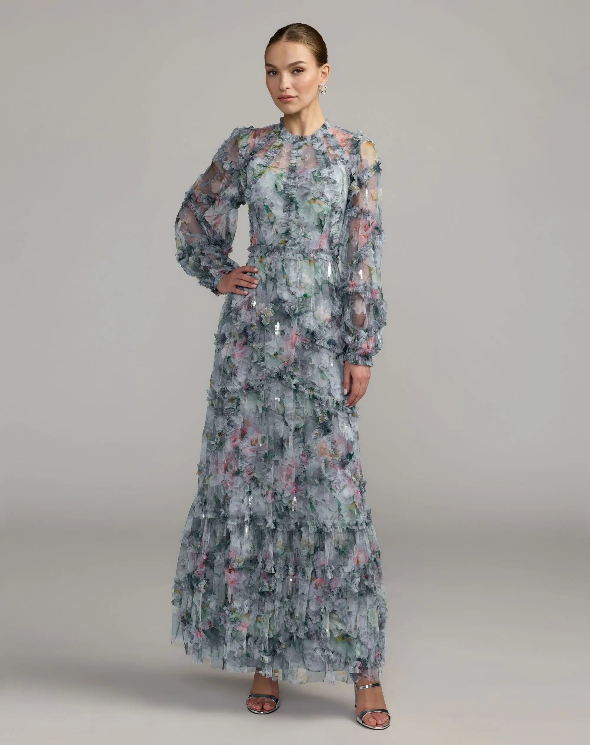 Blue Floral Long Sleeve High Neck Ruffle Maxi Dress | Mac Duggal Blue Floral Long Sleeve High Neck Ruffle Maxi Dress | Mac Duggal