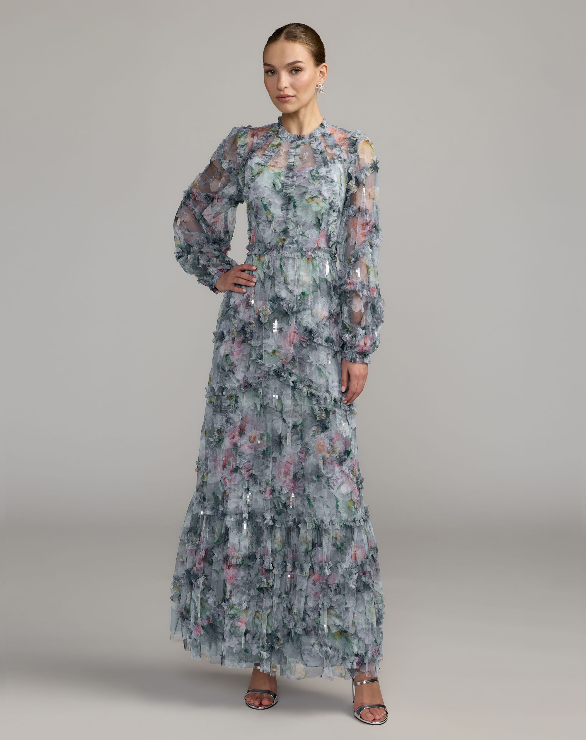 Blue Floral Long Sleeve High Neck Ruffle Maxi Dress - Mac Duggal