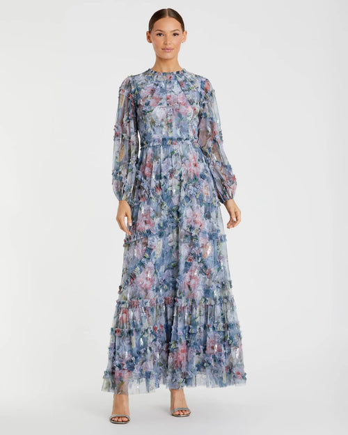 Blue Floral Long Sleeve High Neck Ruffle Detail Gown - Mac Duggal