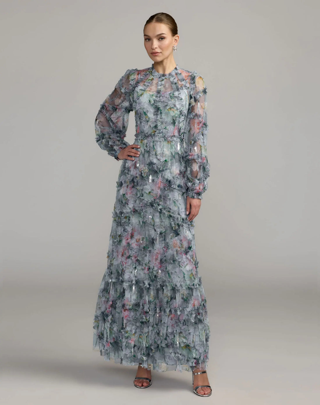 Blue Floral Long Sleeve High Neck Ruffle Maxi Dress | Mac Duggal Blue Floral Long Sleeve High Neck Ruffle Maxi Dress | Mac Duggal