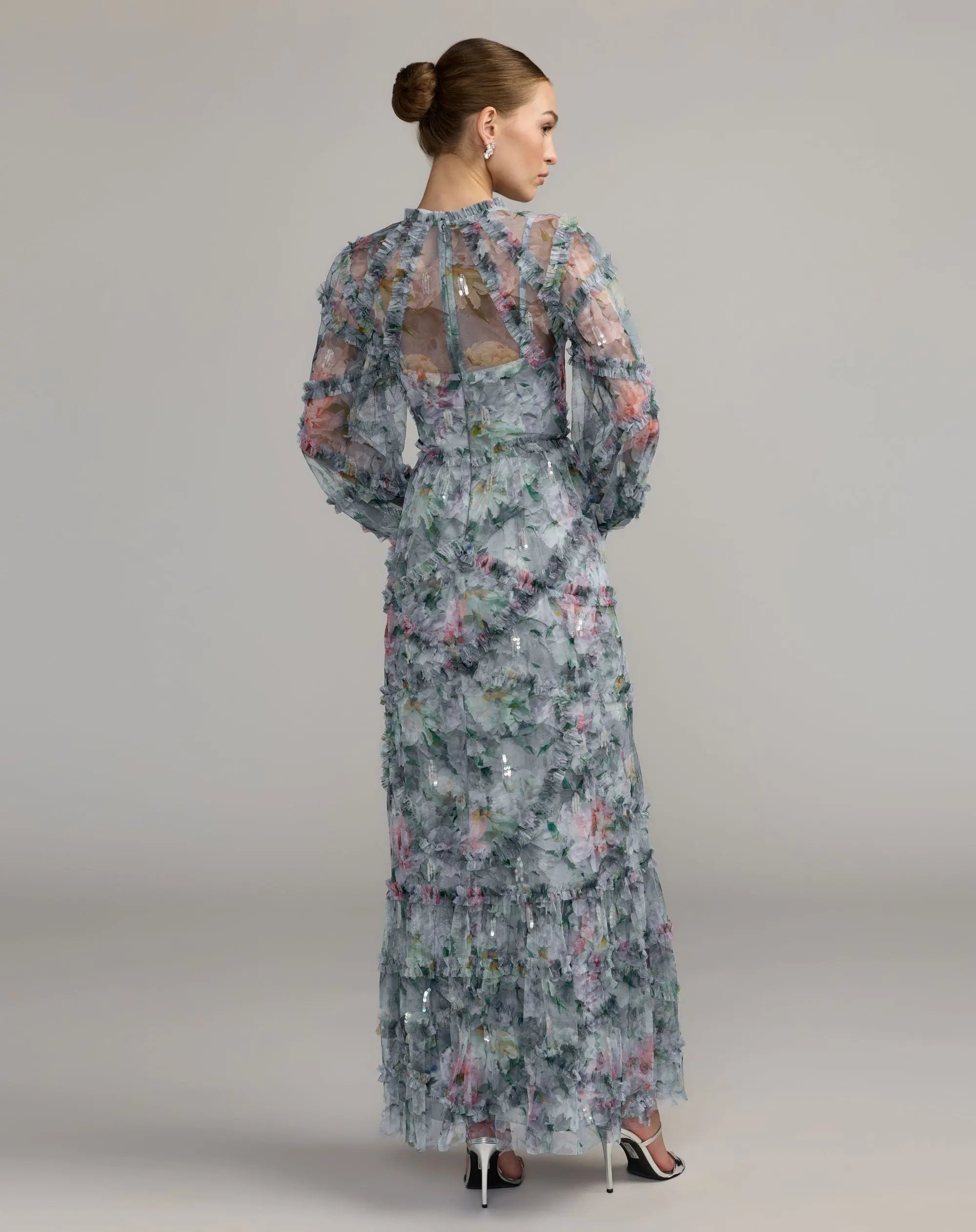 Blue Floral Long Sleeve High Neck Ruffle Maxi Dress - Mac Duggal