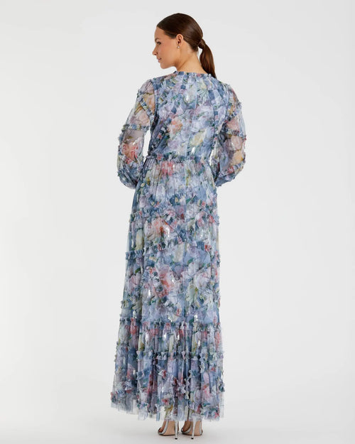 Blue Floral Long Sleeve High Neck Ruffle Detail Gown - Mac Duggal