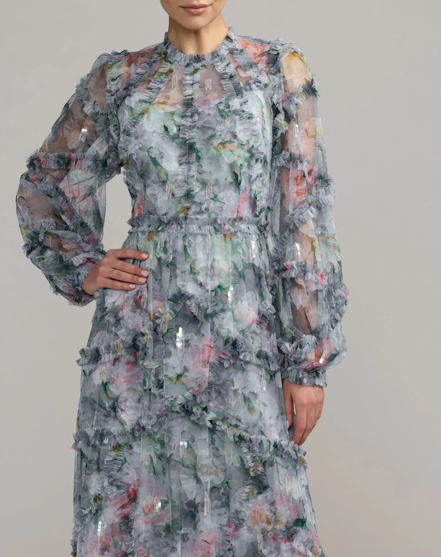 Blue Floral Long Sleeve High Neck Ruffle Maxi Dress - Mac Duggal
