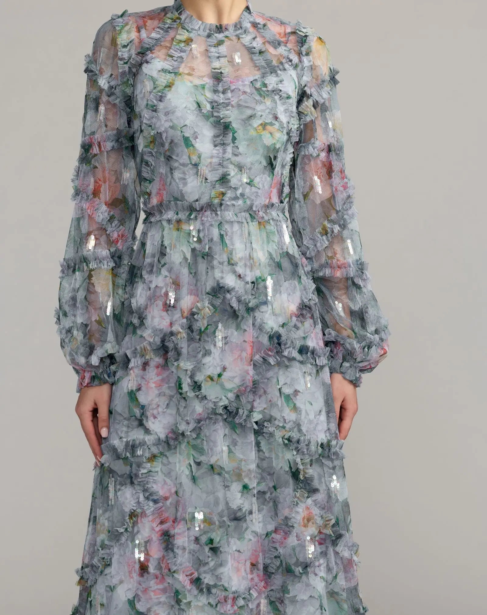 Blue Floral Long Sleeve High Neck Ruffle Maxi Dress | Mac Duggal Blue Floral Long Sleeve High Neck Ruffle Maxi Dress | Mac Duggal