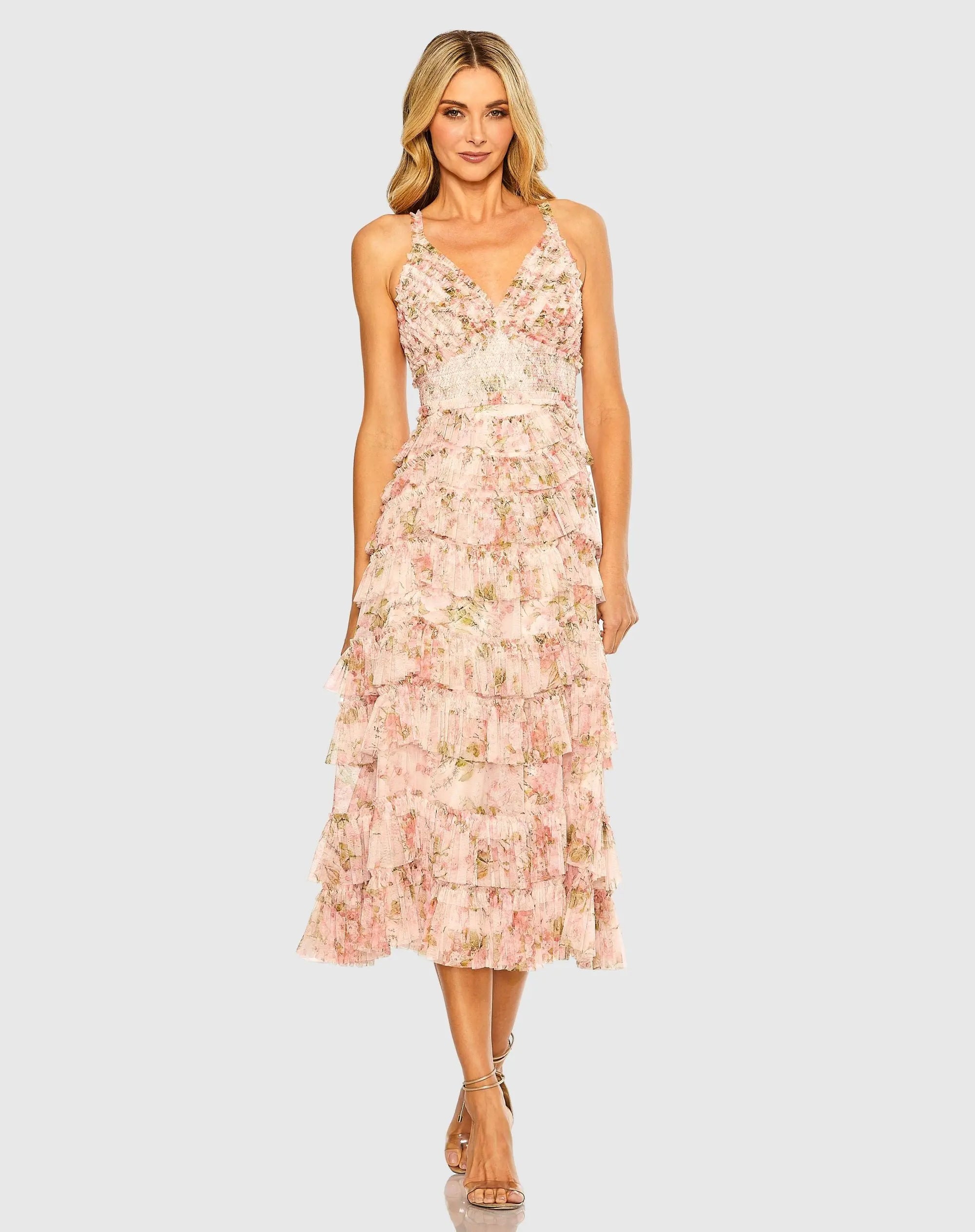 Pink Sleeveless V Neck Floral Mesh Ruffle Midi Dress - Mac Duggal
