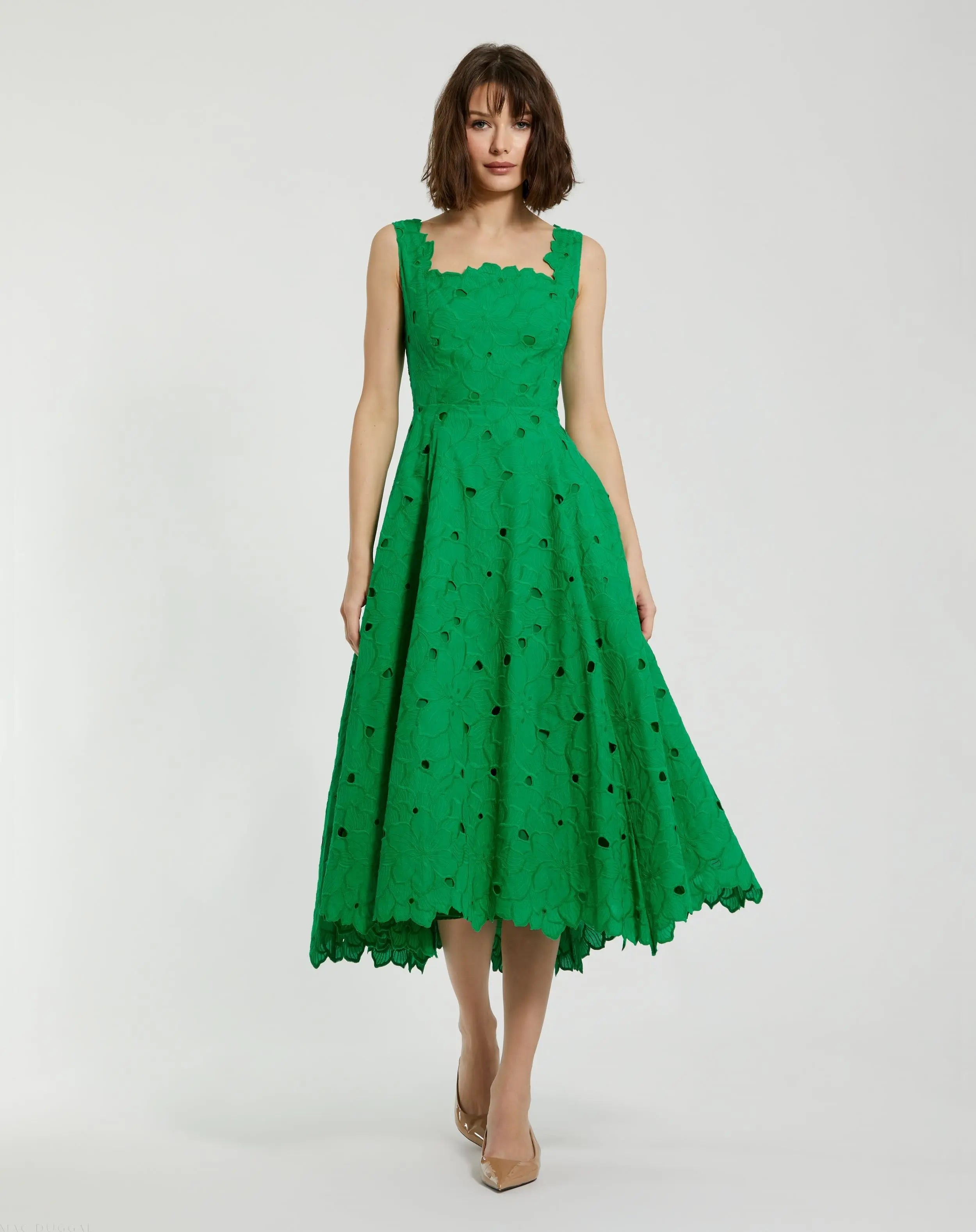Green Embroidered Floral A Line Midi Dress - Mac Duggal