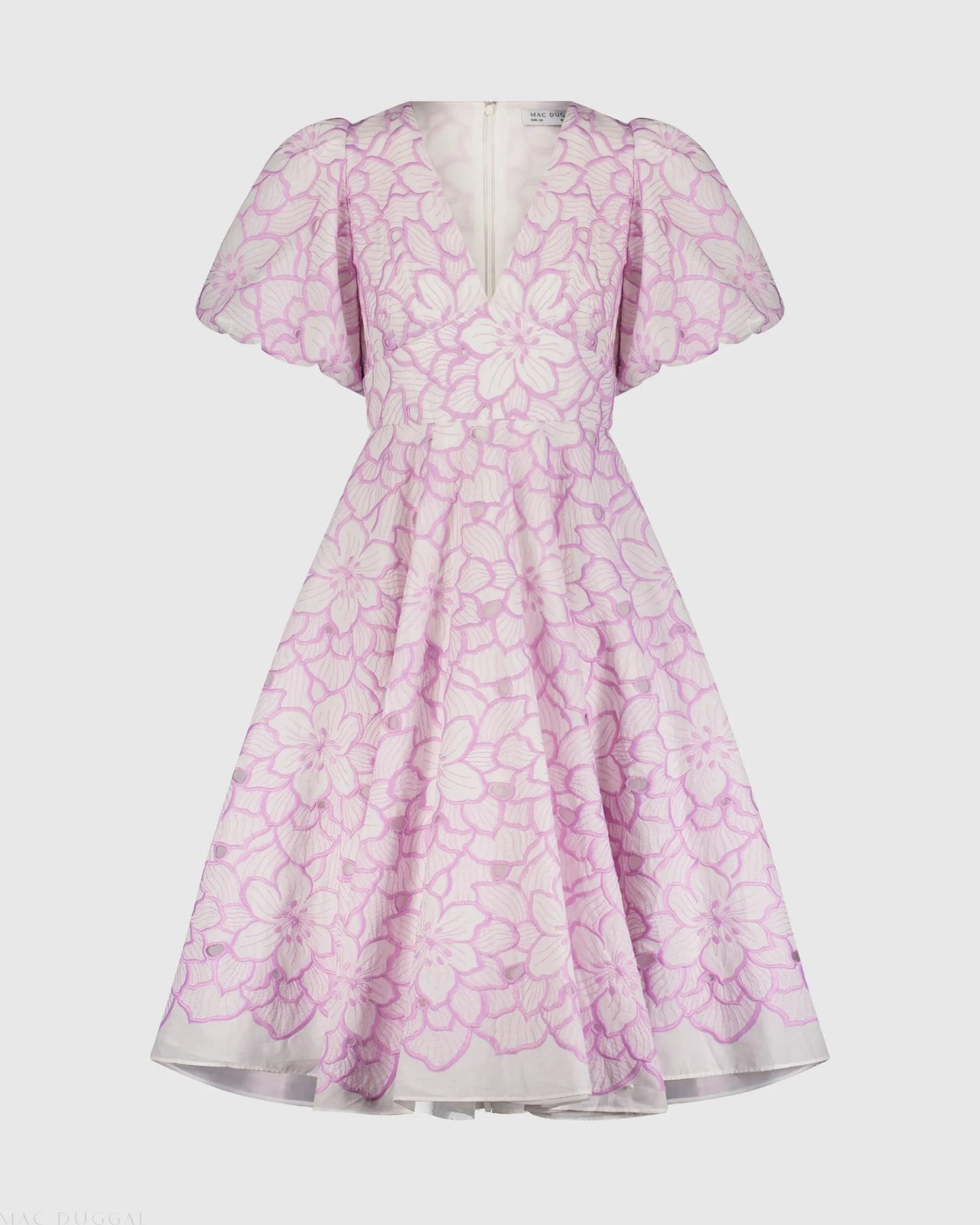 Purple and White Embroidered Floral Puff Sleeve Dress - Mac Duggal