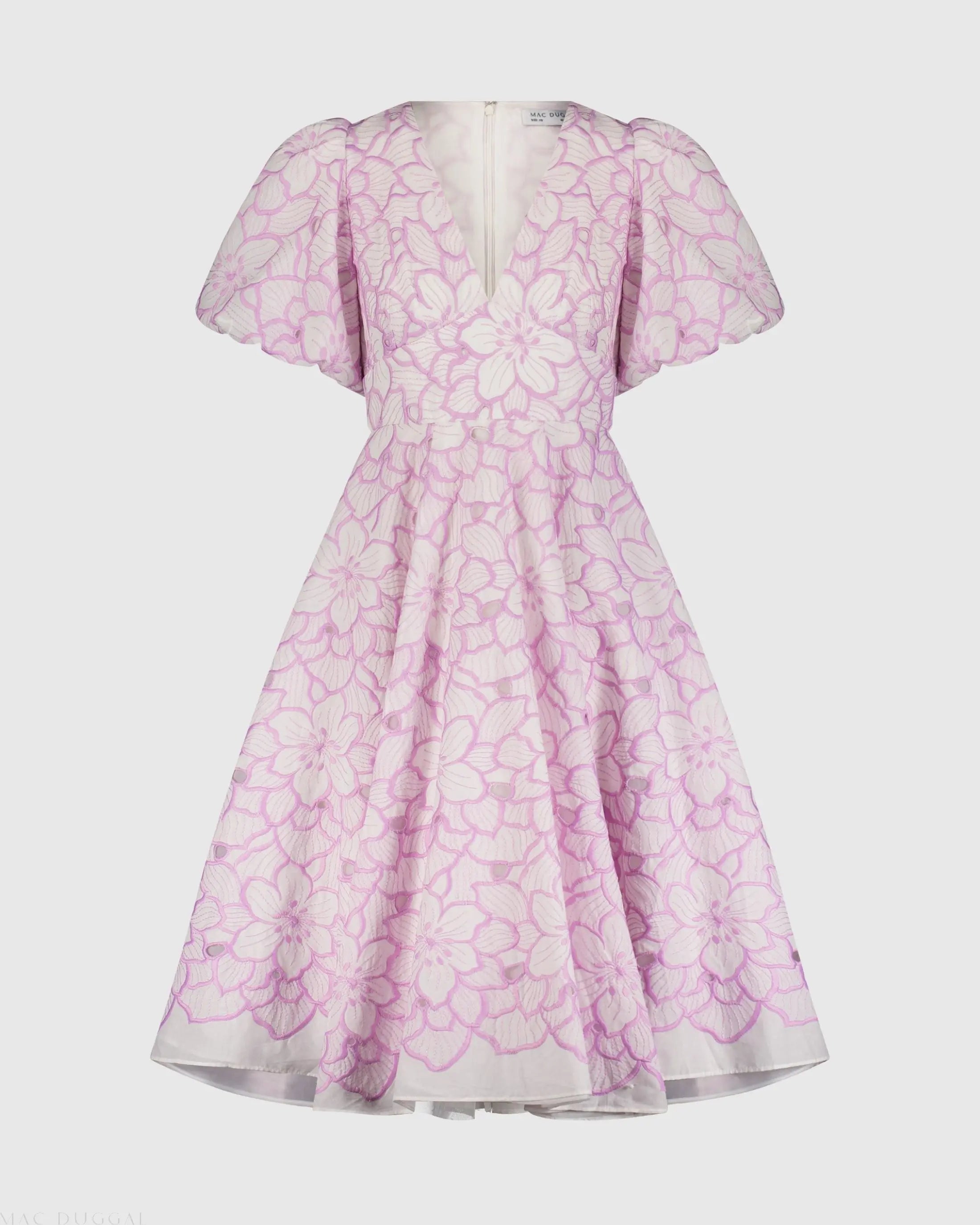 Purple and White Embroidered Floral Puff Sleeve Dress - Mac Duggal