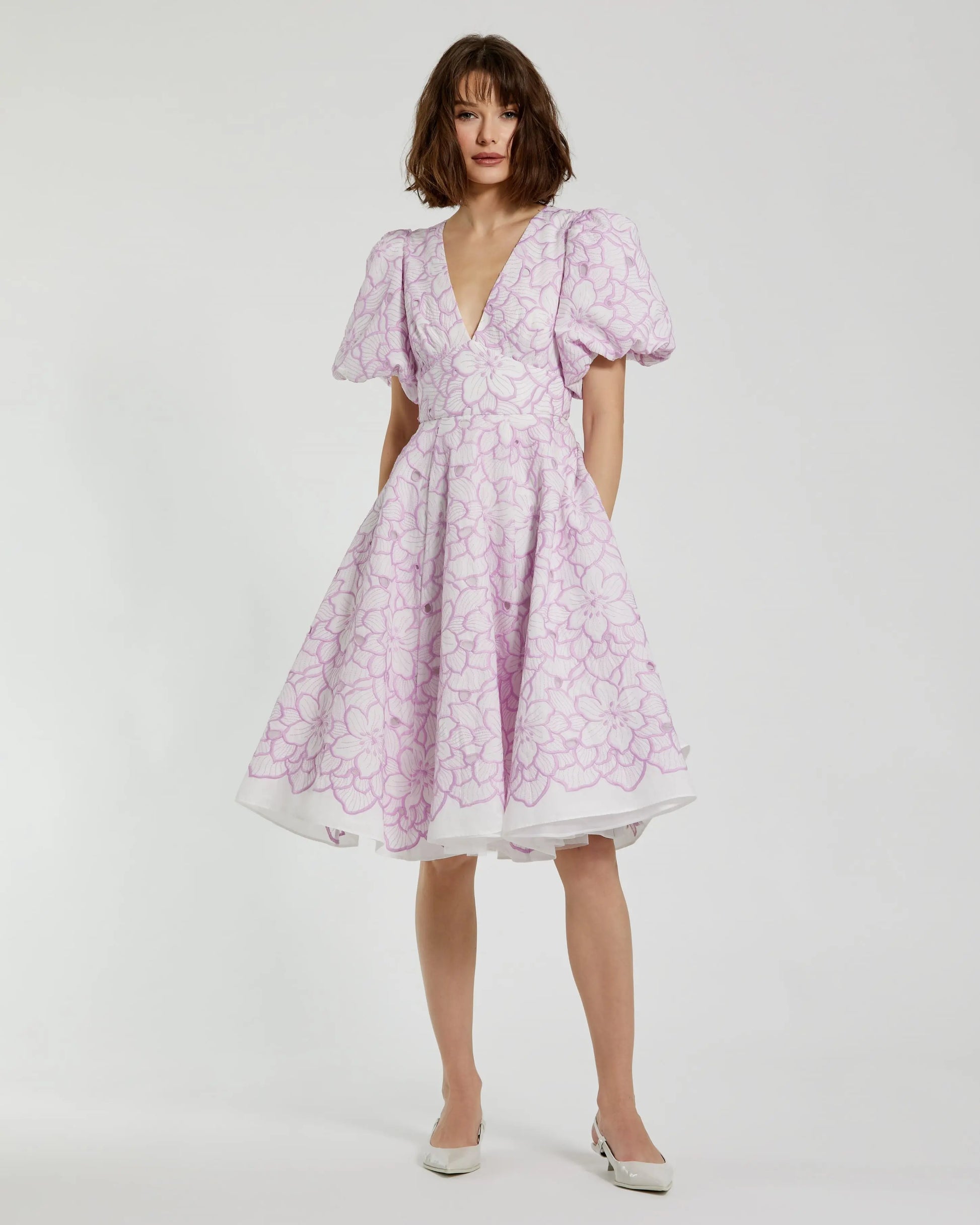 Multicolor Embroidered Floral Puff Sleeve Midi Dress | Mac Duggal Multicolor Embroidered Floral Puff Sleeve Midi Dress | Mac Duggal