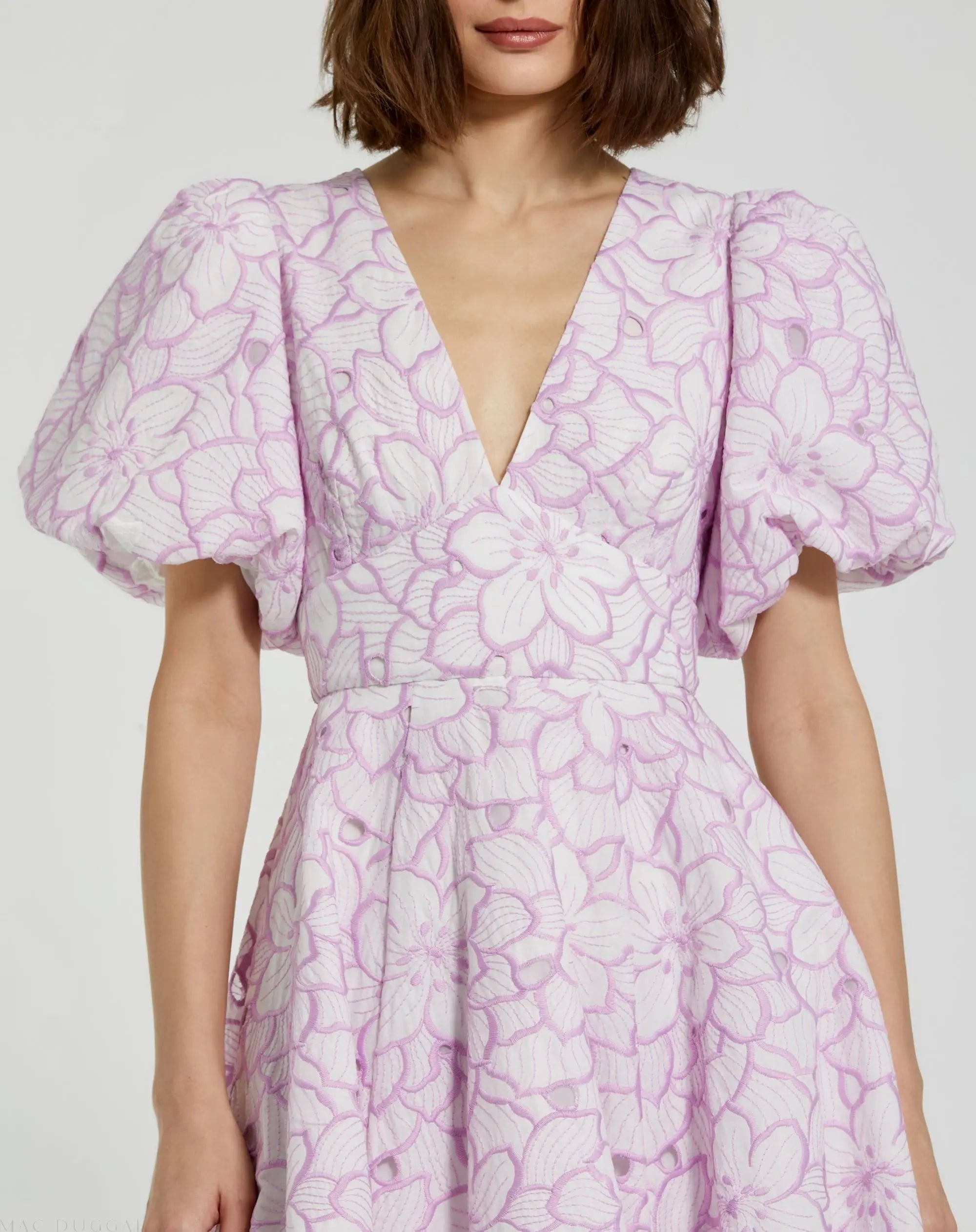 Purple and White Embroidered Floral Puff Sleeve Dress - Mac Duggal