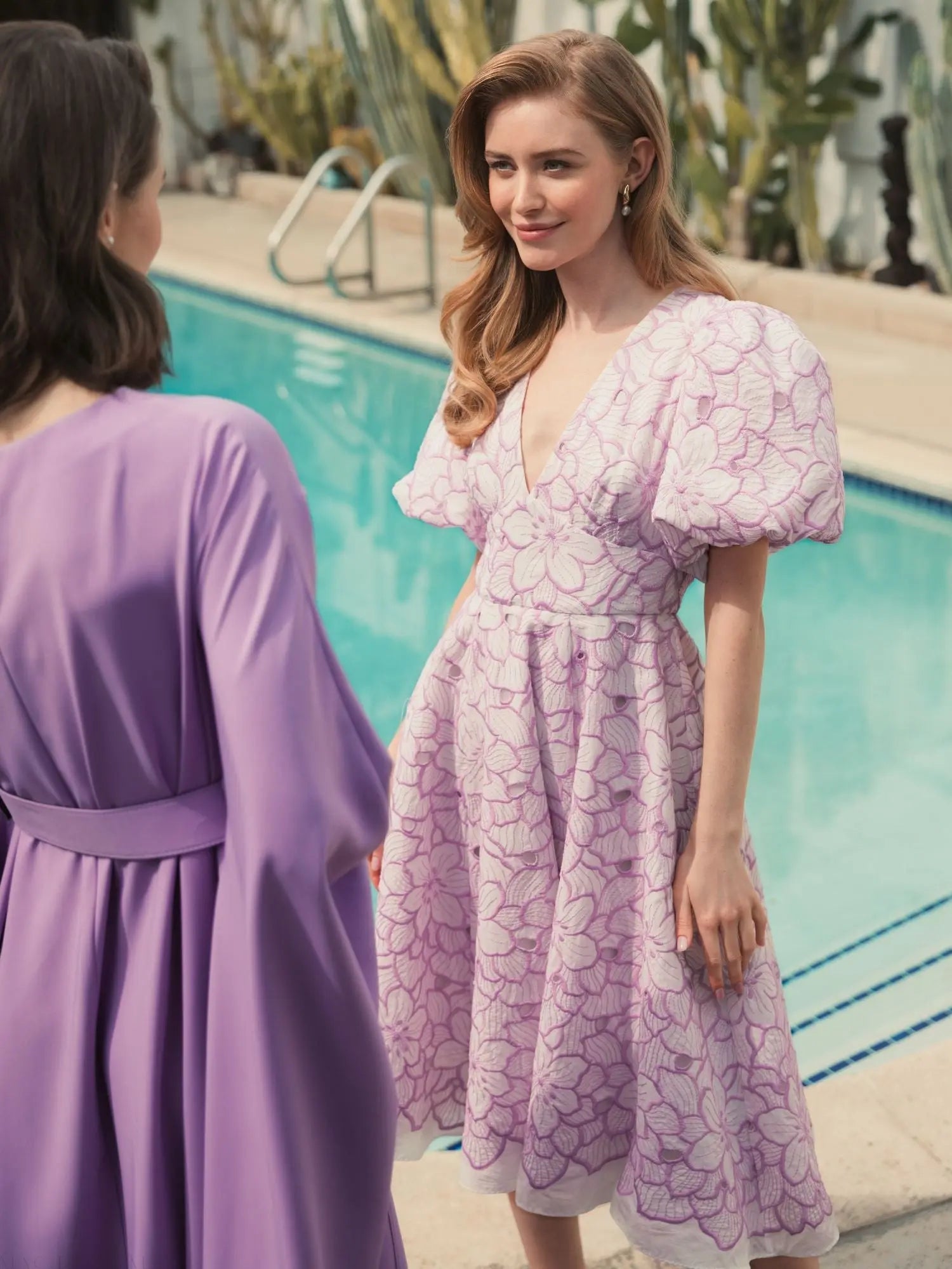 Purple and White Embroidered Floral Puff Sleeve Dress - Mac Duggal