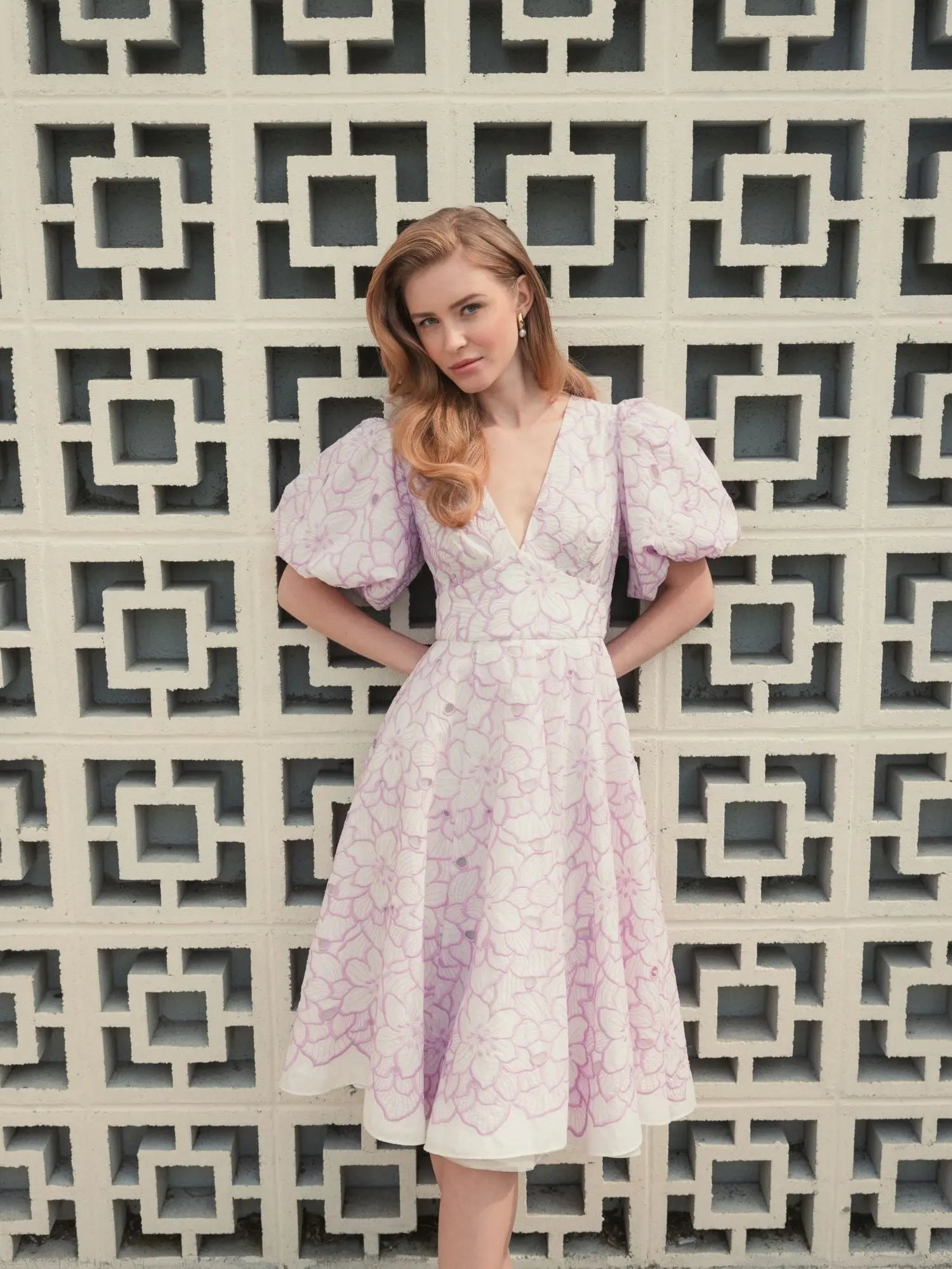 Purple and White Embroidered Floral Puff Sleeve Dress - Mac Duggal