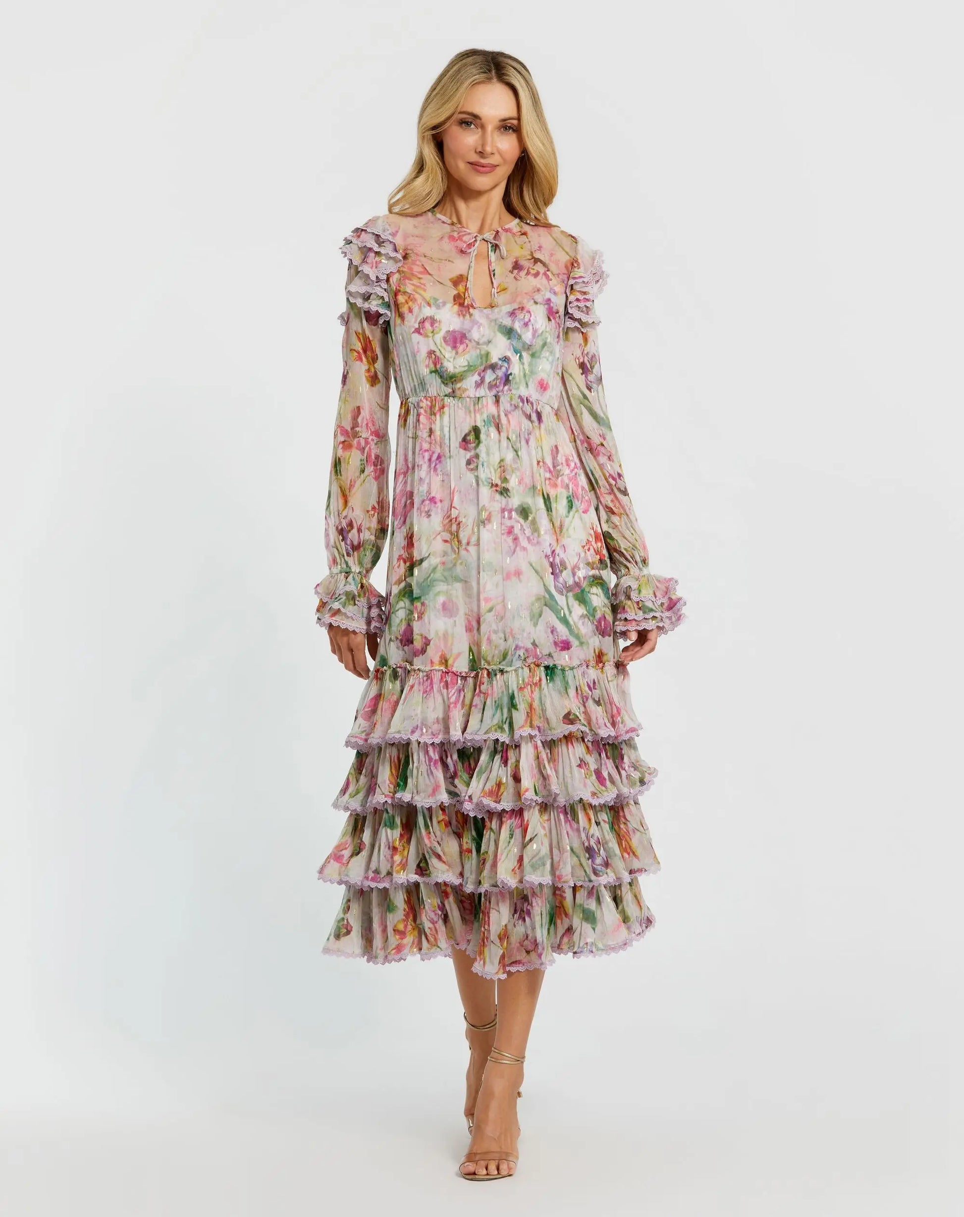 Multicolor Long Sleeve Ruffle Detail Floral Shift Dress Mac Duggal