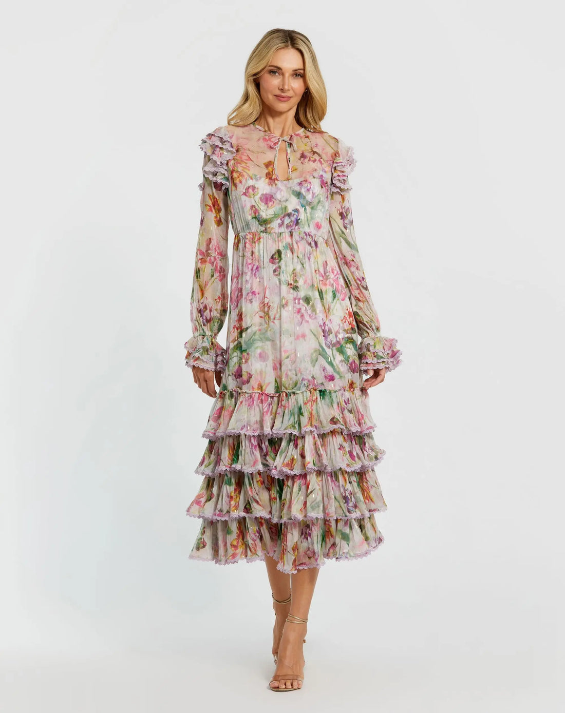 Multicolor Long Sleeve Ruffle Detail Floral Shift Dress Mac Duggal