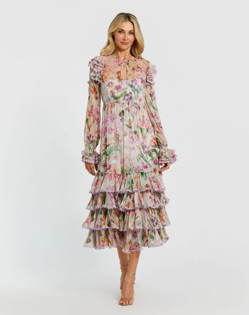 Multicolor Long Sleeve Tie Neck Ruffle Detail Floral Dress Mac Duggal