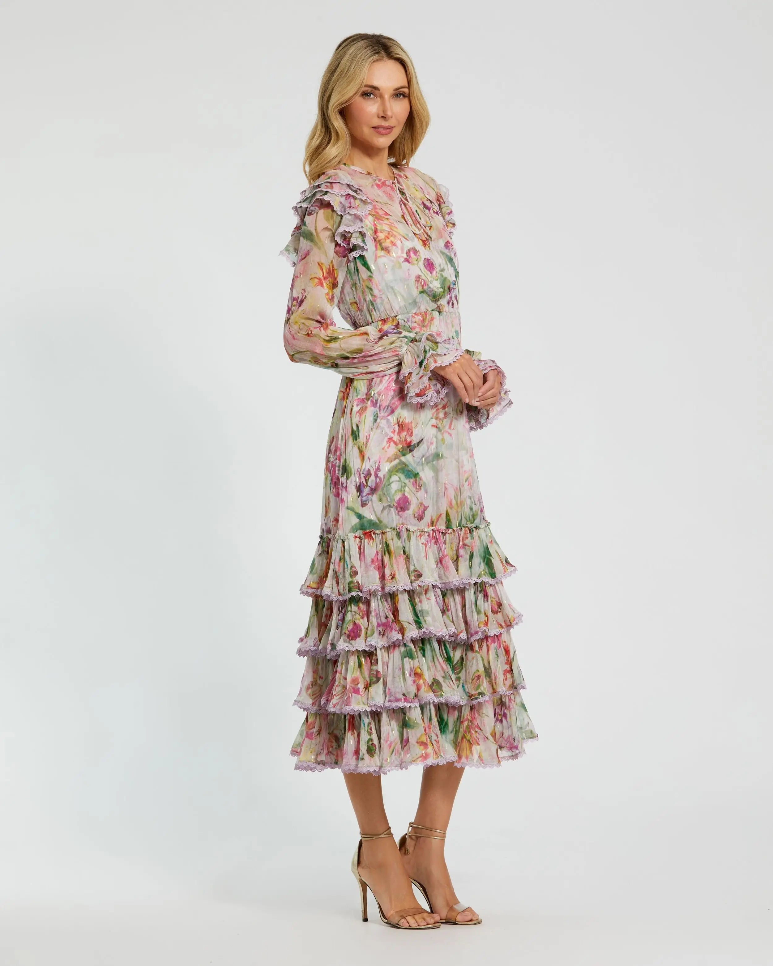 Multicolor Long Sleeve Ruffle Detail Floral Shift Dress Mac Duggal