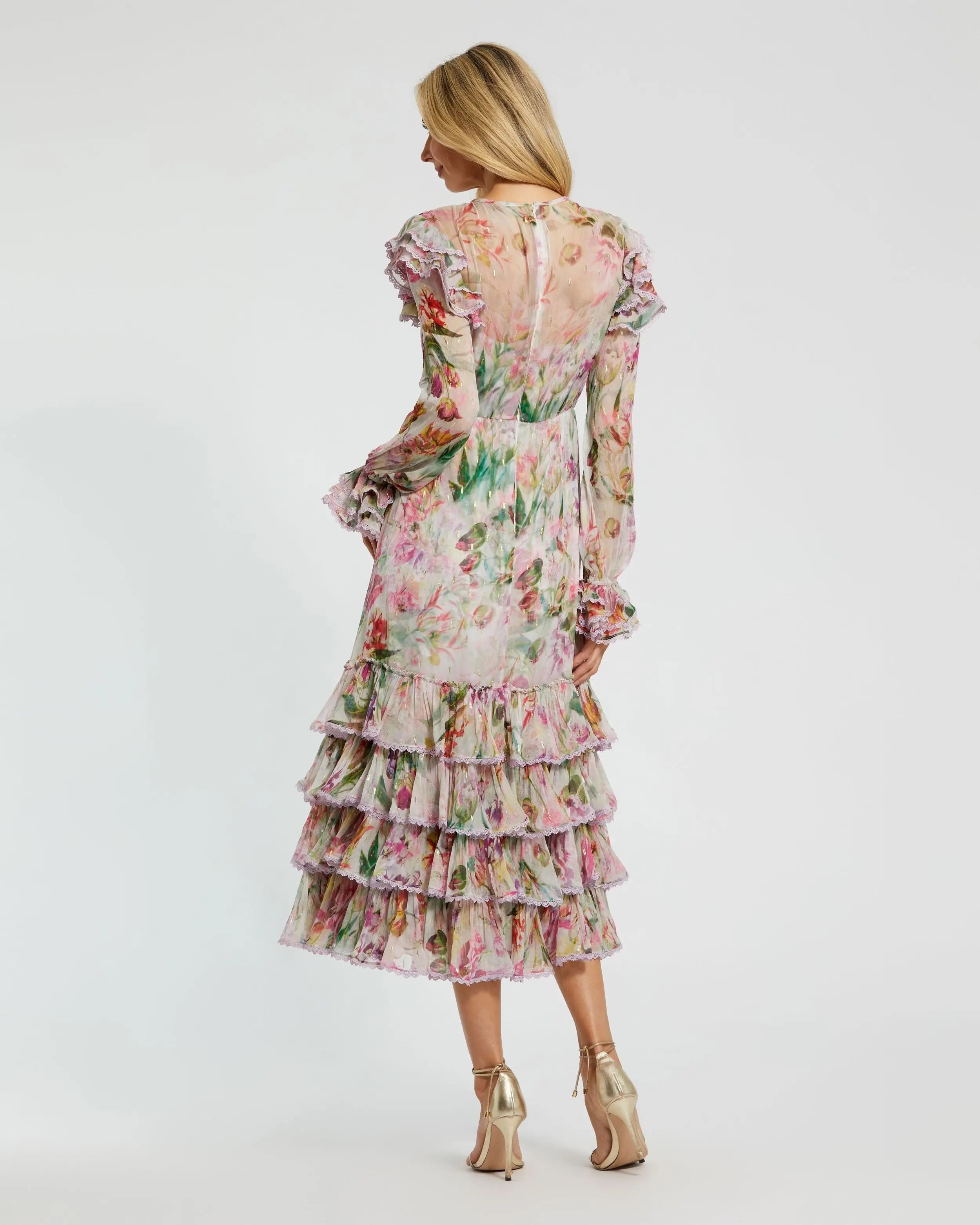 Multicolor Long Sleeve Ruffle Detail Floral Shift Dress Mac Duggal