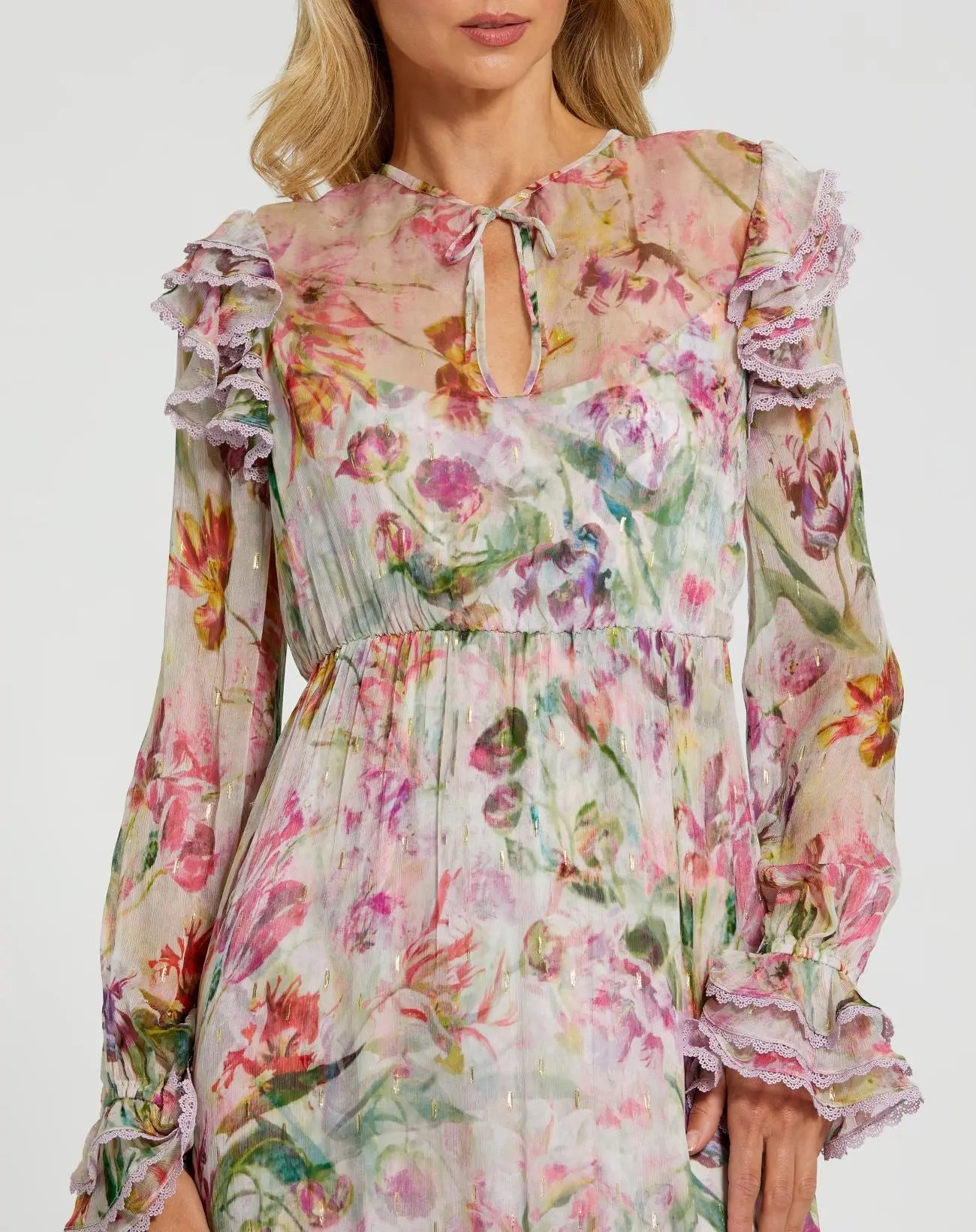 Multicolor Long Sleeve Ruffle Detail Floral Shift Dress Mac Duggal