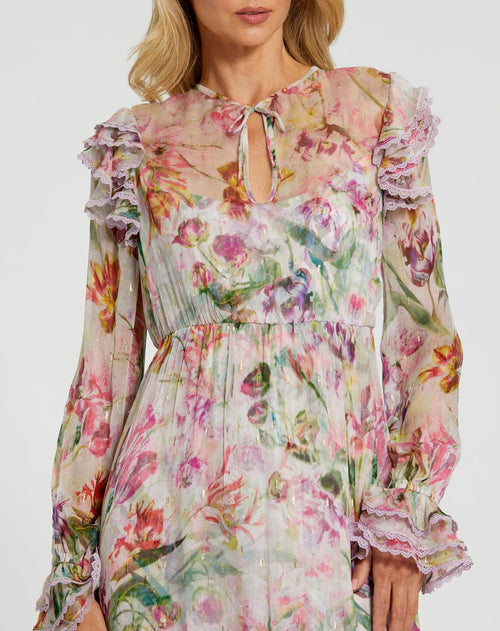 Multicolor Long Sleeve Tie Neck Ruffle Detail Floral Dress Mac Duggal