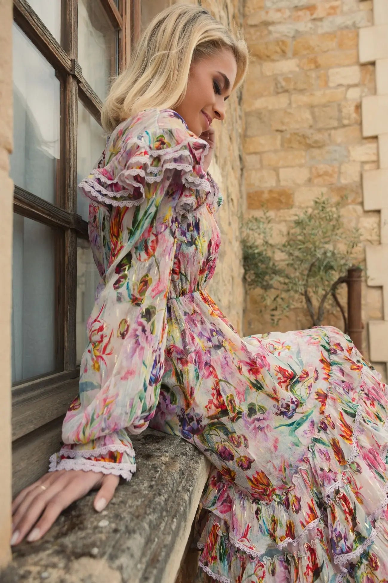 Multicolor Long Sleeve Ruffle Detail Floral Shift Dress - Mac Duggal