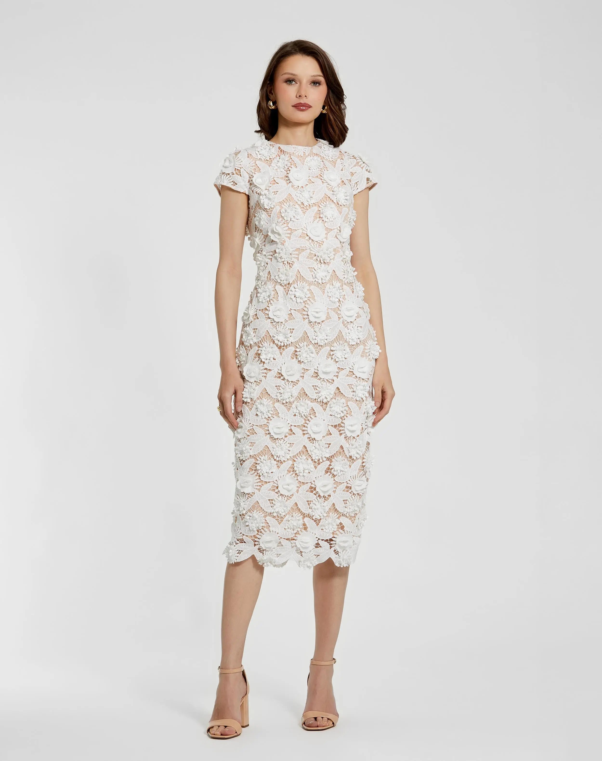 White and Beige Floral Lace Fitted Short Sleeve Midi Dress - Mac Duggal