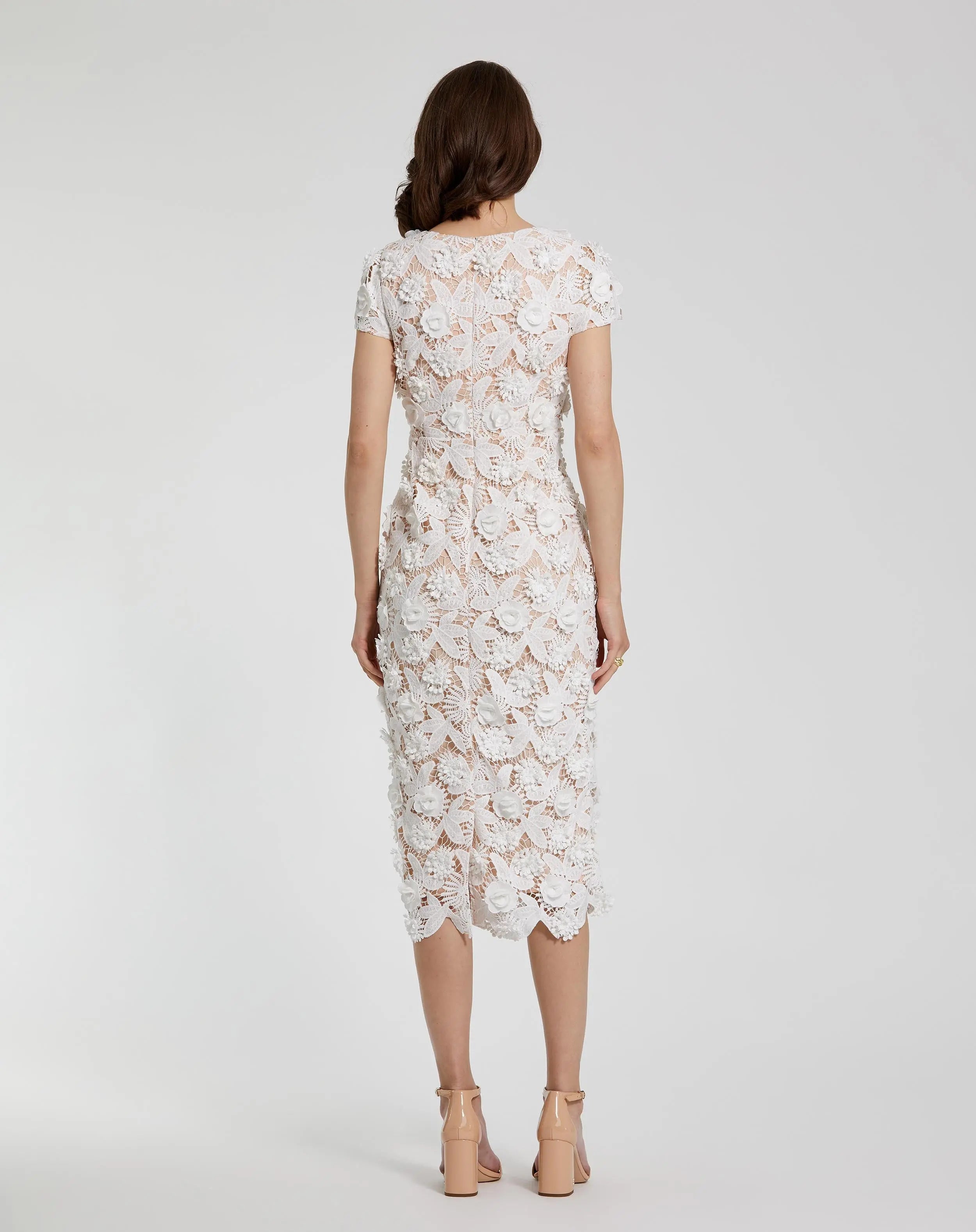 Green Floral Lace Fitted Short Sleeve Midi Dress - Mac Duggal Green Floral Lace Fitted Short Sleeve Midi Dress - Mac Duggal