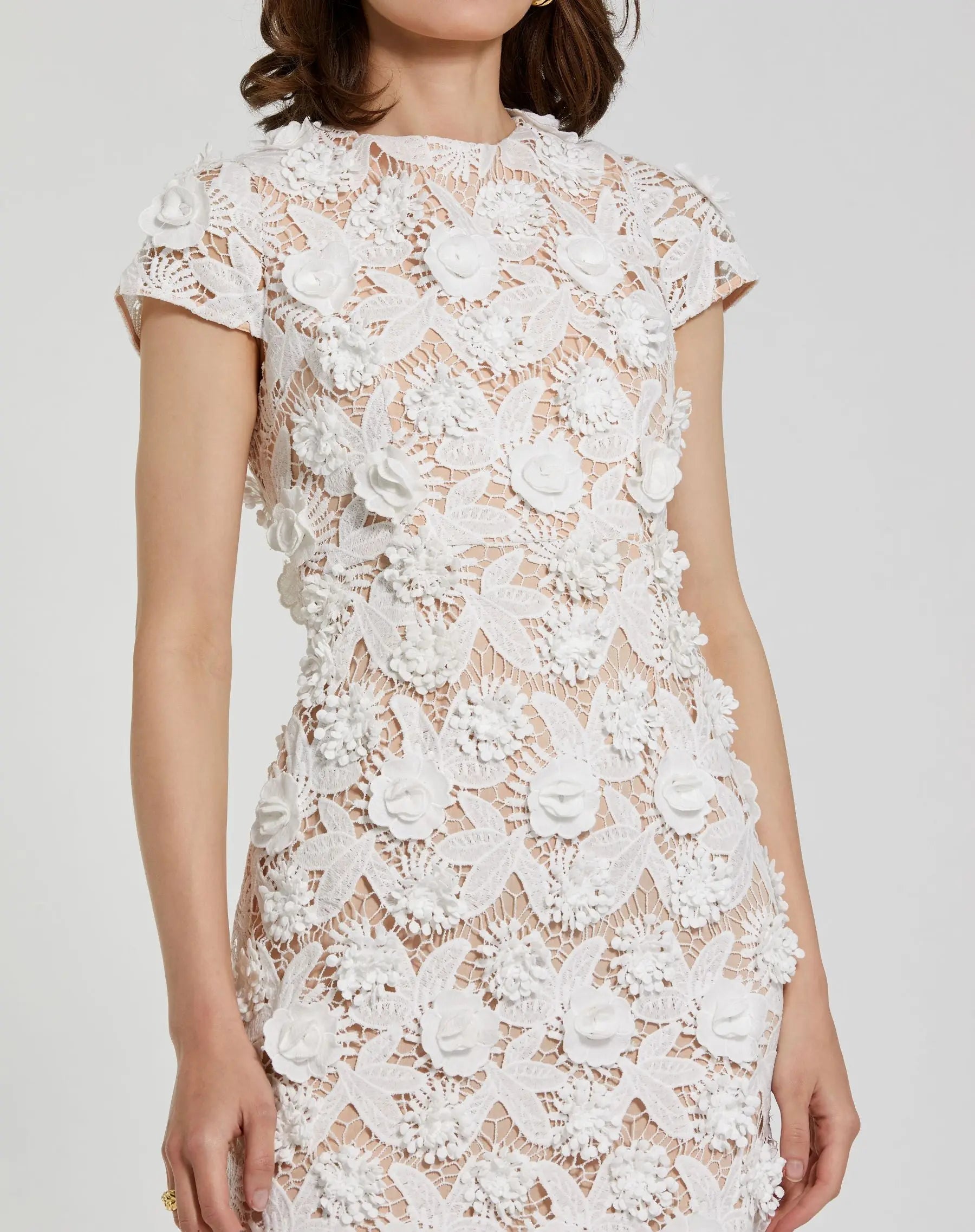 White and Beige Floral Lace Fitted Short Sleeve Midi Dress Mac Duggal