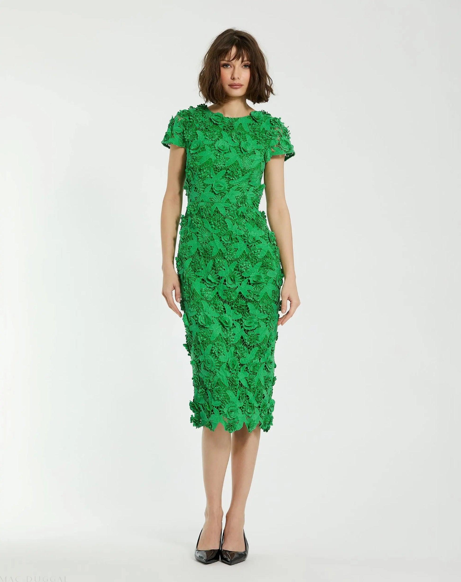 Green Floral Lace Fitted Short Sleeve Midi Dress - Mac Duggal Green Floral Lace Fitted Short Sleeve Midi Dress - Mac Duggal