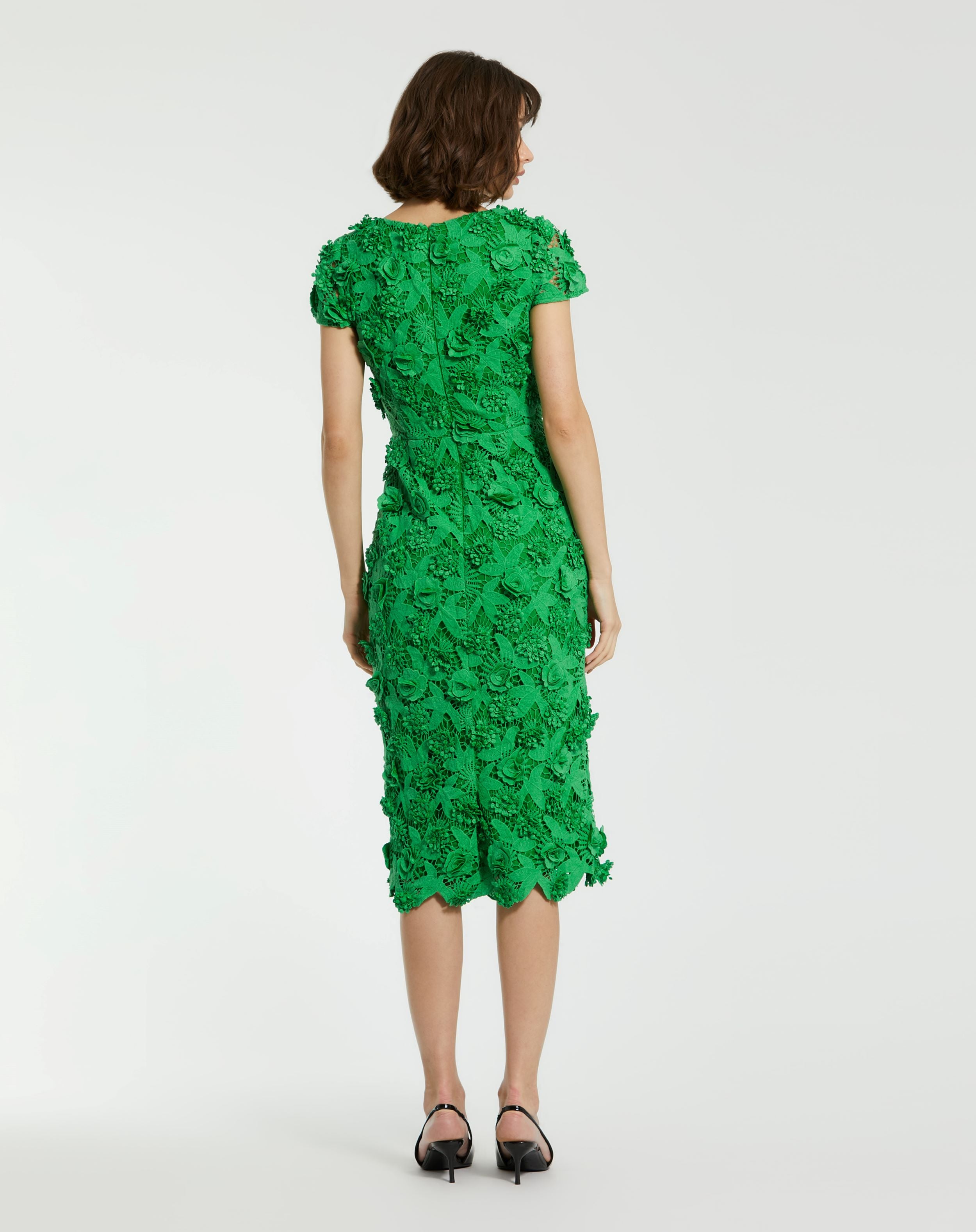 Spring Green Floral Lace Fitted Short Sleeve Midi Sheath Dress