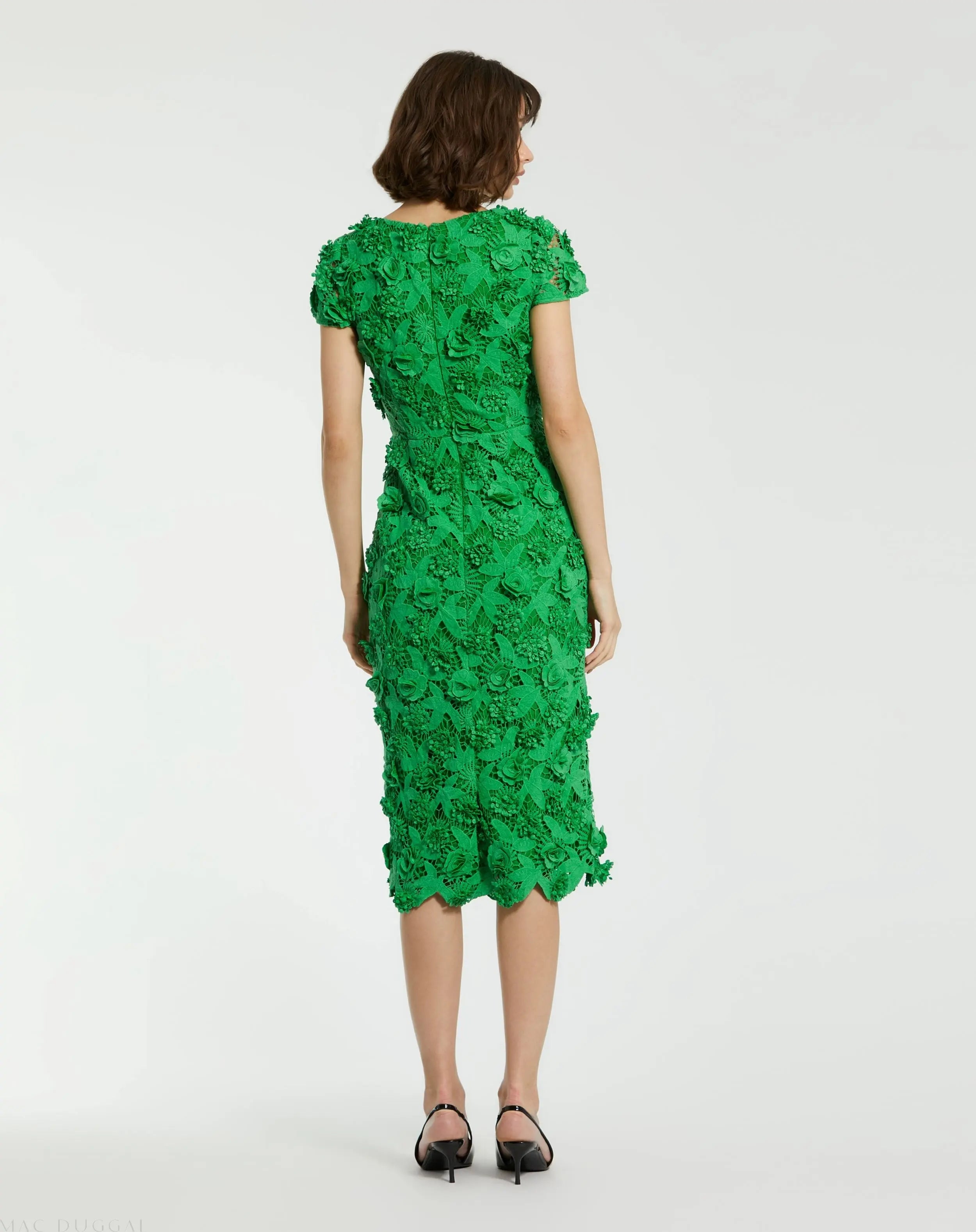 Green Floral Lace Fitted Short Sleeve Midi Dress - Mac Duggal