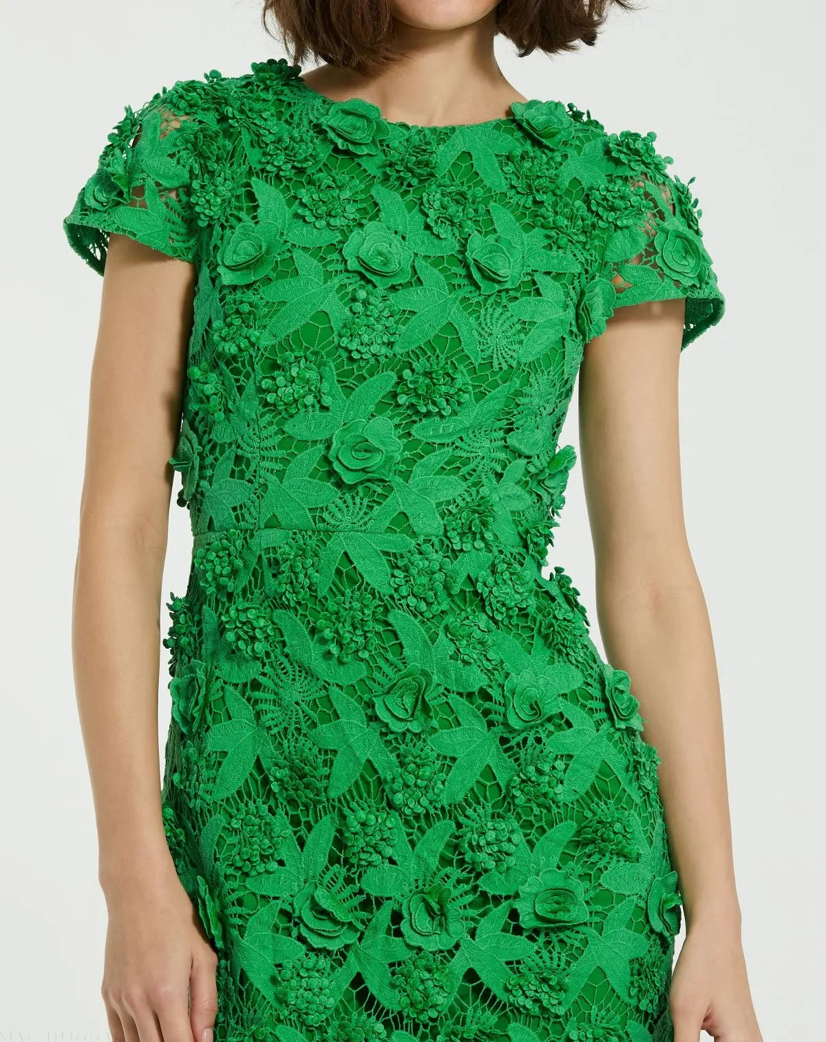 Green Floral Lace Fitted Short Sleeve Midi Dress - Mac Duggal