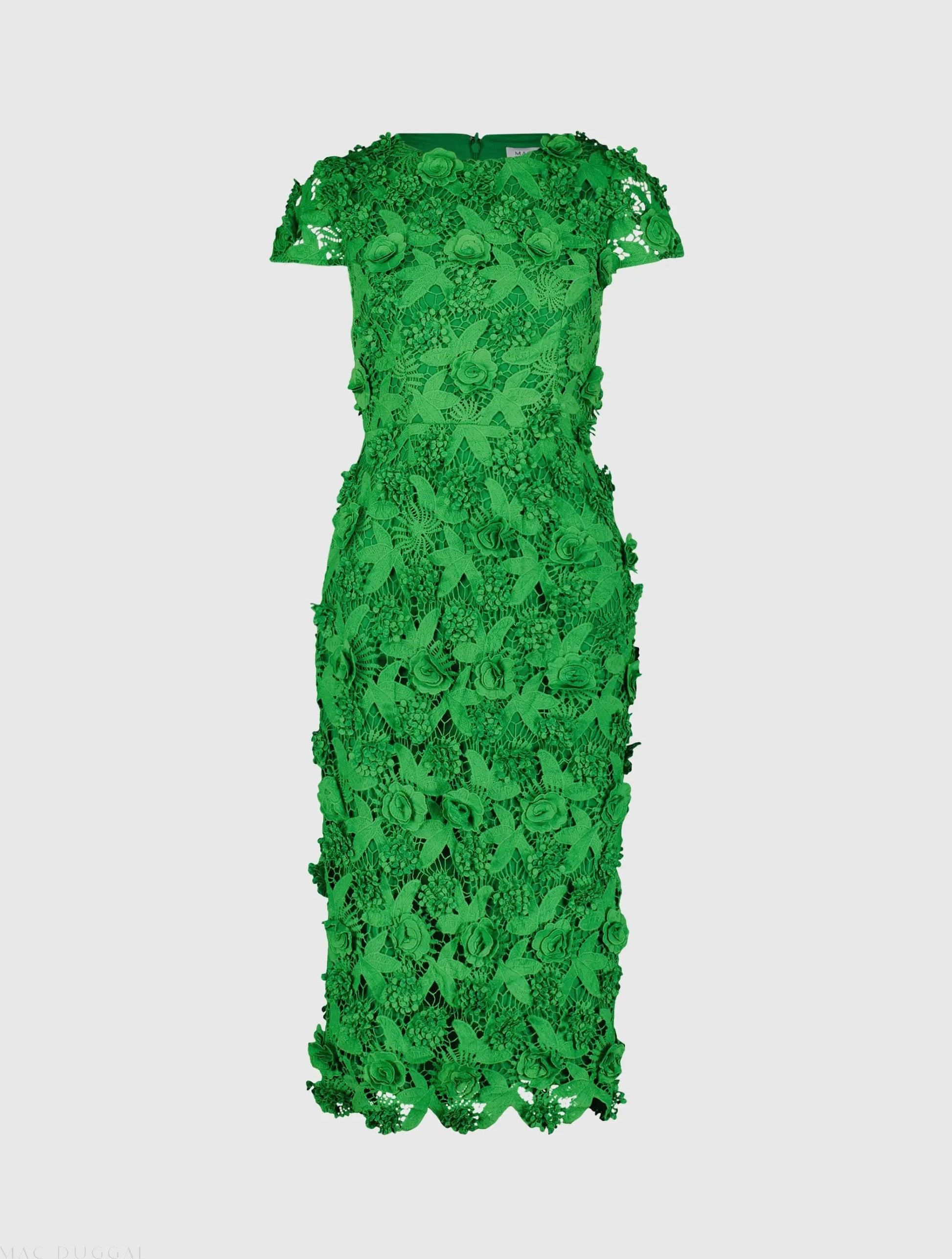 Green Floral Lace Fitted Short Sleeve Midi Dress - Mac Duggal Green Floral Lace Fitted Short Sleeve Midi Dress - Mac Duggal